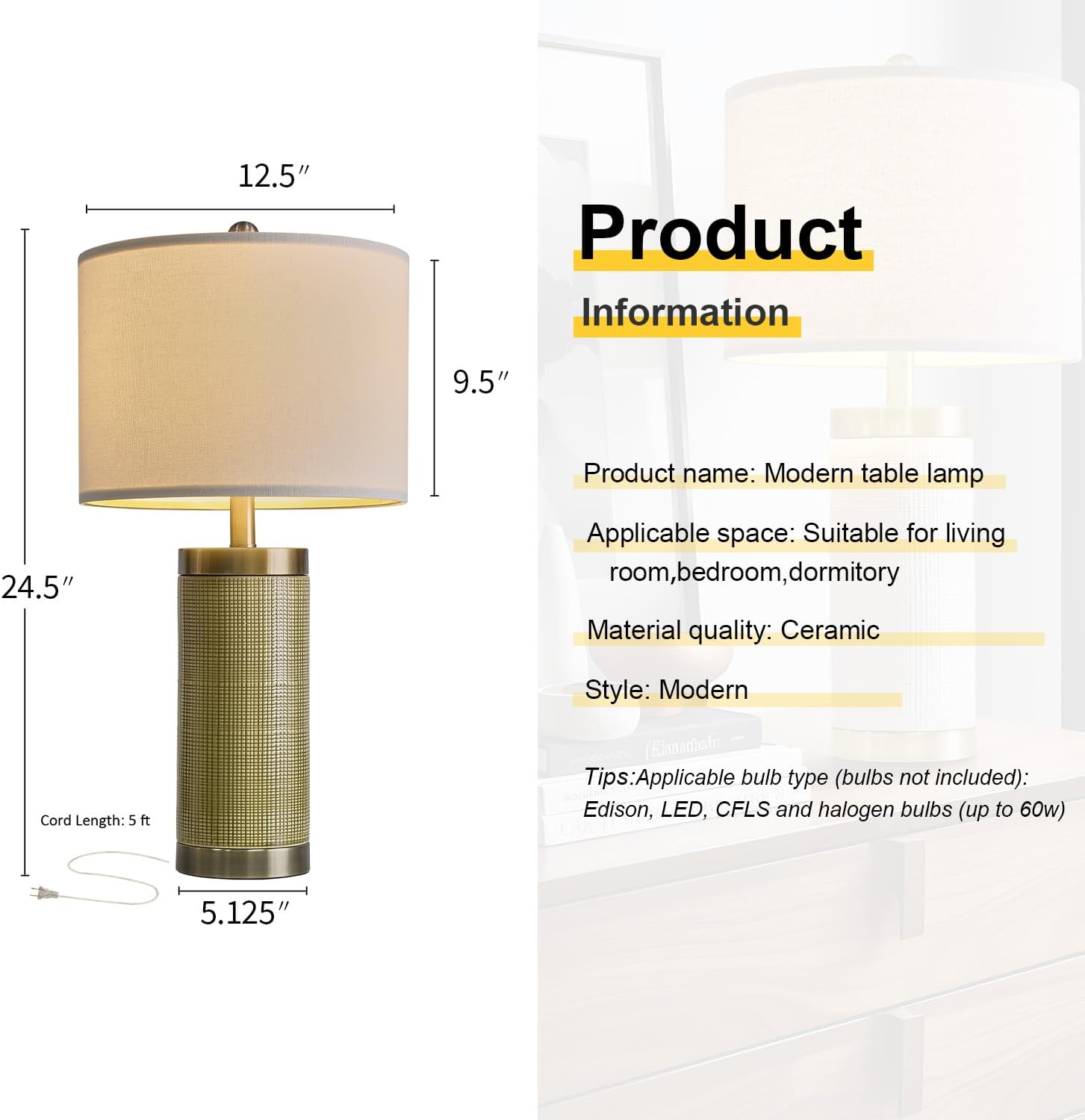 24.5 inches Modern Ceramic Bedside Lamp Set of 2 for Bedroom Decor Farmhouse Table Lamp for Living Room Office Dorm