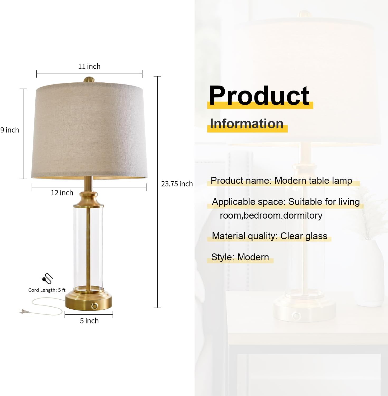 23.75" USB A+C 3-Way Dimmable Touch Control Table Lamp Set of 2，Glass Table Lamps With 1 USB Charging Port, Bedside Lamps for Living Room( include two bulbs)