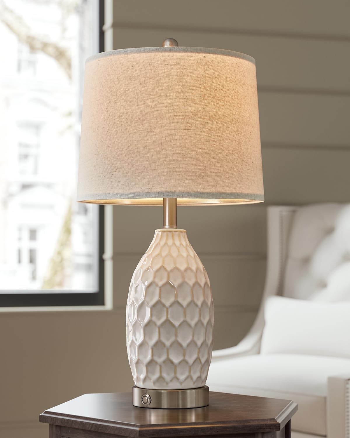 23.5" Modern Ceramic Table Lamp Set of 2 with 3-Way Touch Dimming & USB A+C Charging Ports – Ocean Blue Nightstand Bedside Lamps for Bedroom, Living Room, Office (2 Bulbs Included)