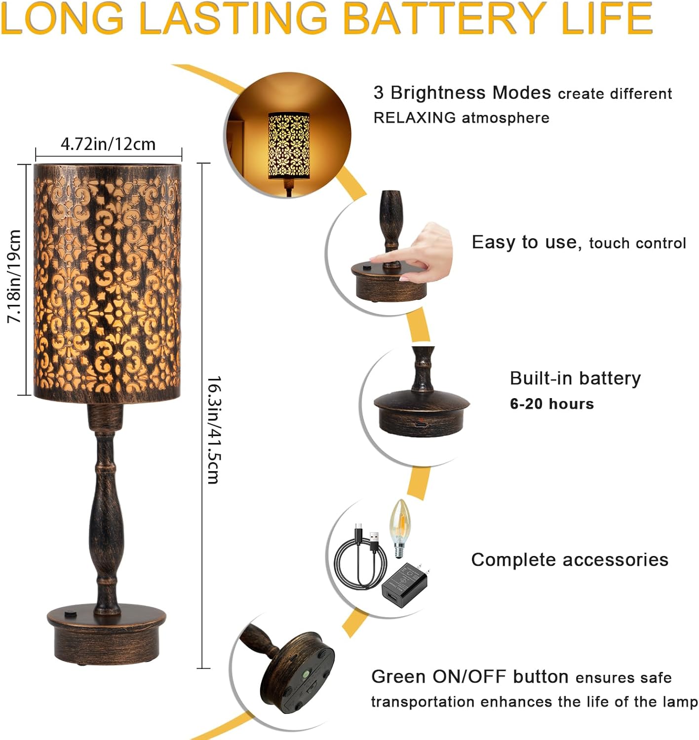 UMEXUS Cordless Table Lamp with Remote, Timer & Dimmer, RGB Small Rechargeable Battery Operated, Touch Bedside Night Lights, Antique Bronze Ambient Lighting, Patio Dining Side End Table Lamp