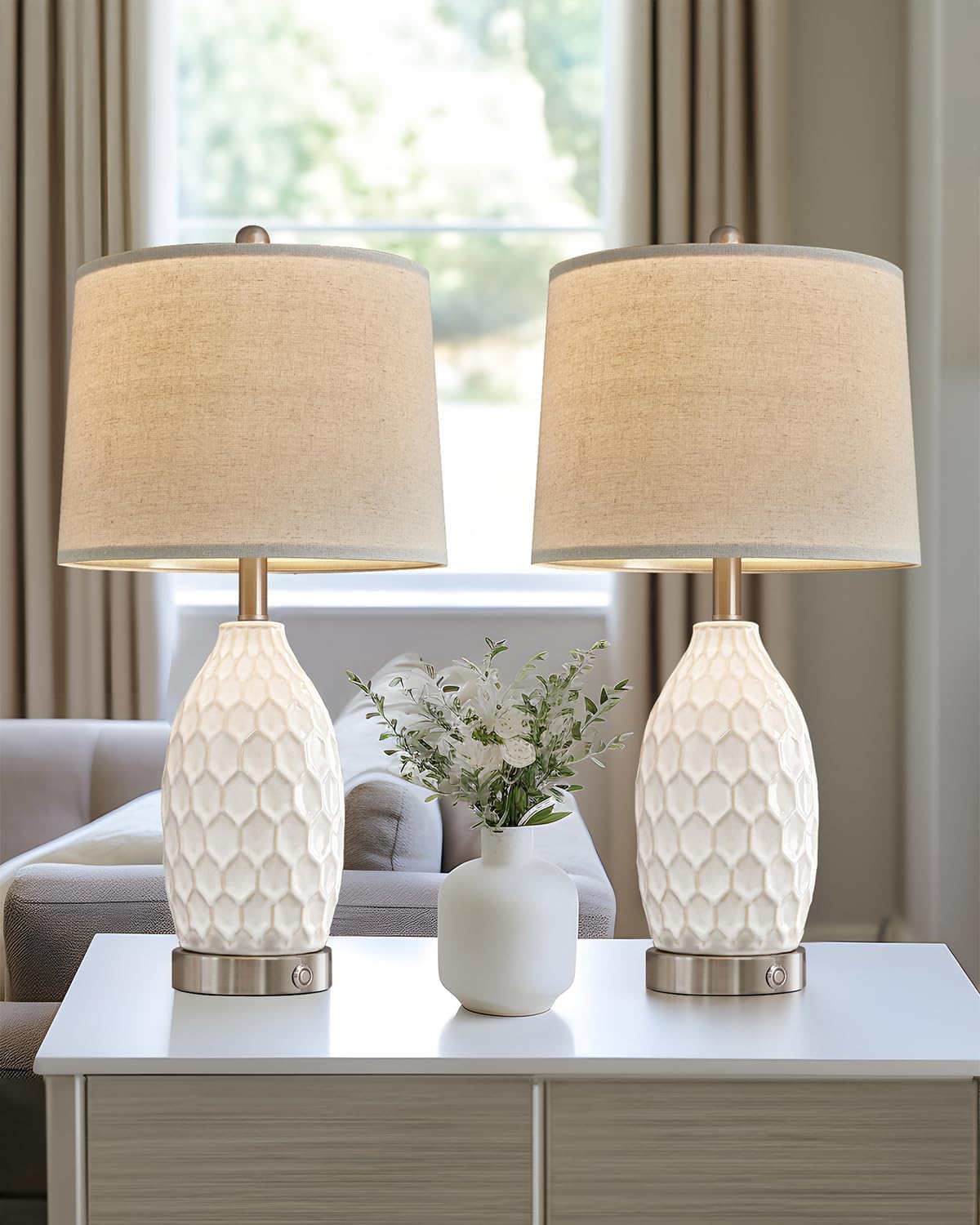 23.5" Modern Ceramic Table Lamp Set of 2 with 3-Way Touch Dimming & USB A+C Charging Ports – Ocean Blue Nightstand Bedside Lamps for Bedroom, Living Room, Office (2 Bulbs Included)