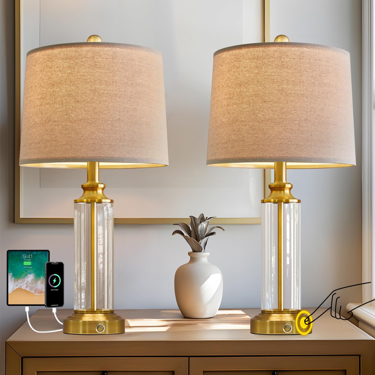 23.75" USB A+C 3-Way Dimmable Touch Control Table Lamp Set of 2，Glass Table Lamps With 1 USB Charging Port, Bedside Lamps for Living Room( include two bulbs)