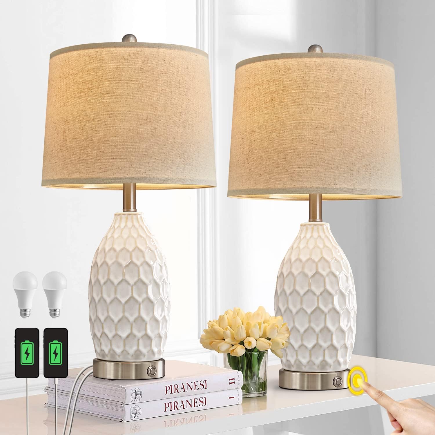 23.5" Modern Ceramic Table Lamp Set of 2 with 3-Way Touch Dimming & USB A+C Charging Ports – Ocean Blue Nightstand Bedside Lamps for Bedroom, Living Room, Office (2 Bulbs Included)