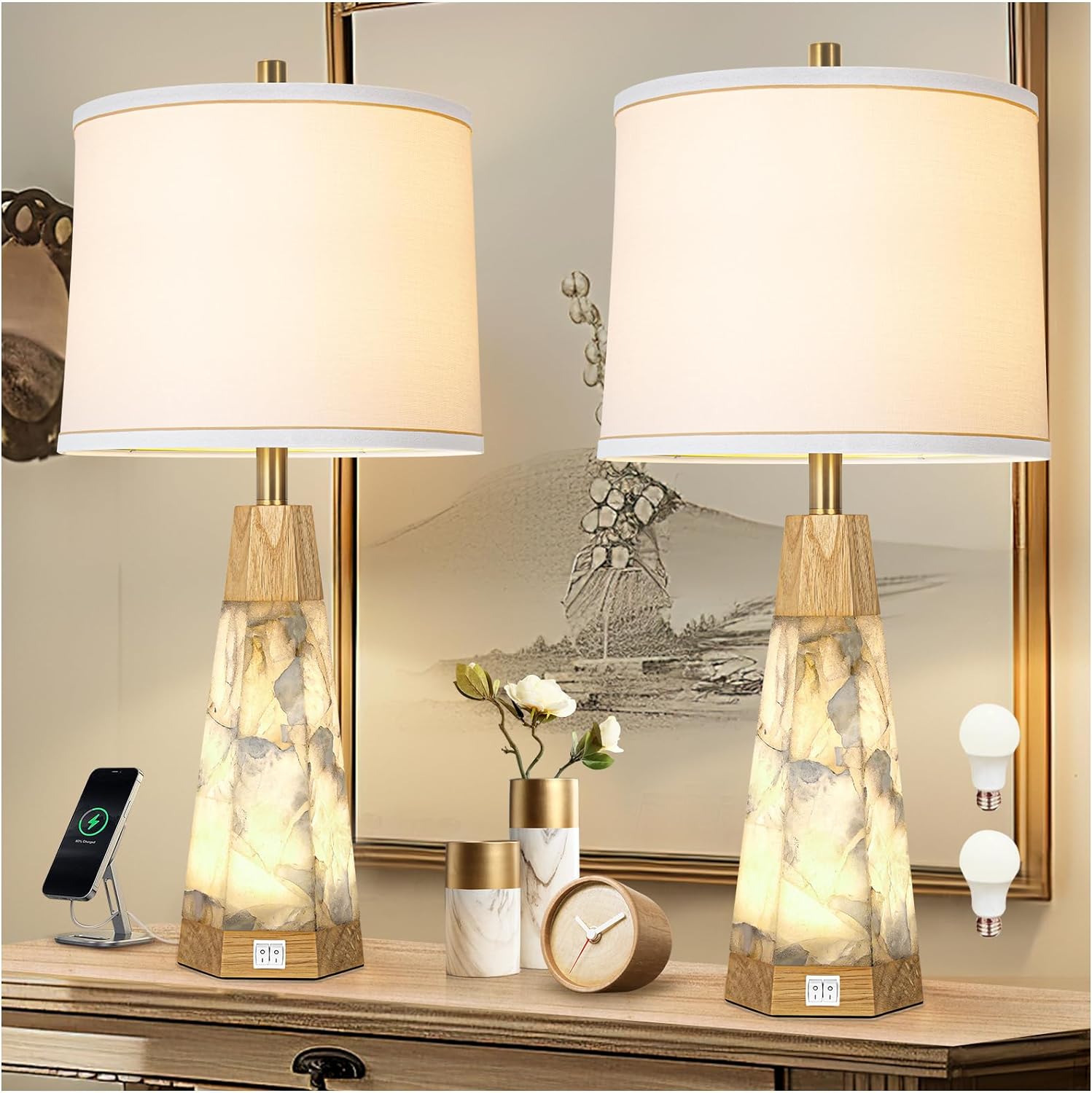 Natural Alabaster Nightstand Lamp Set of 2 with Night Light USB Ports Table Lamp with Linen Shade Bedside Lamp for Living Room Bedroom Home Office Hotel Bar House