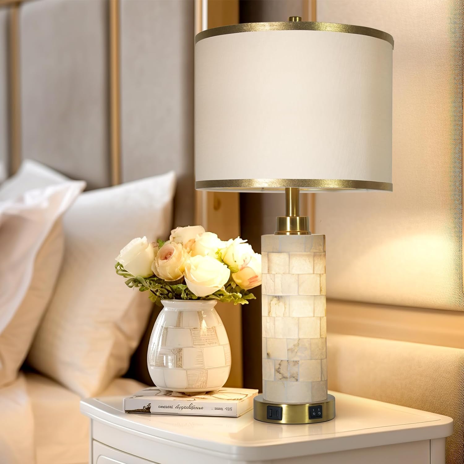 Natural Alabaster Nightstand Lamp Set of 2 with Night Light USB Ports Table Lamp with Linen Shade Bedside Lamp for Living Room Bedroom Home Office Hotel Bar House