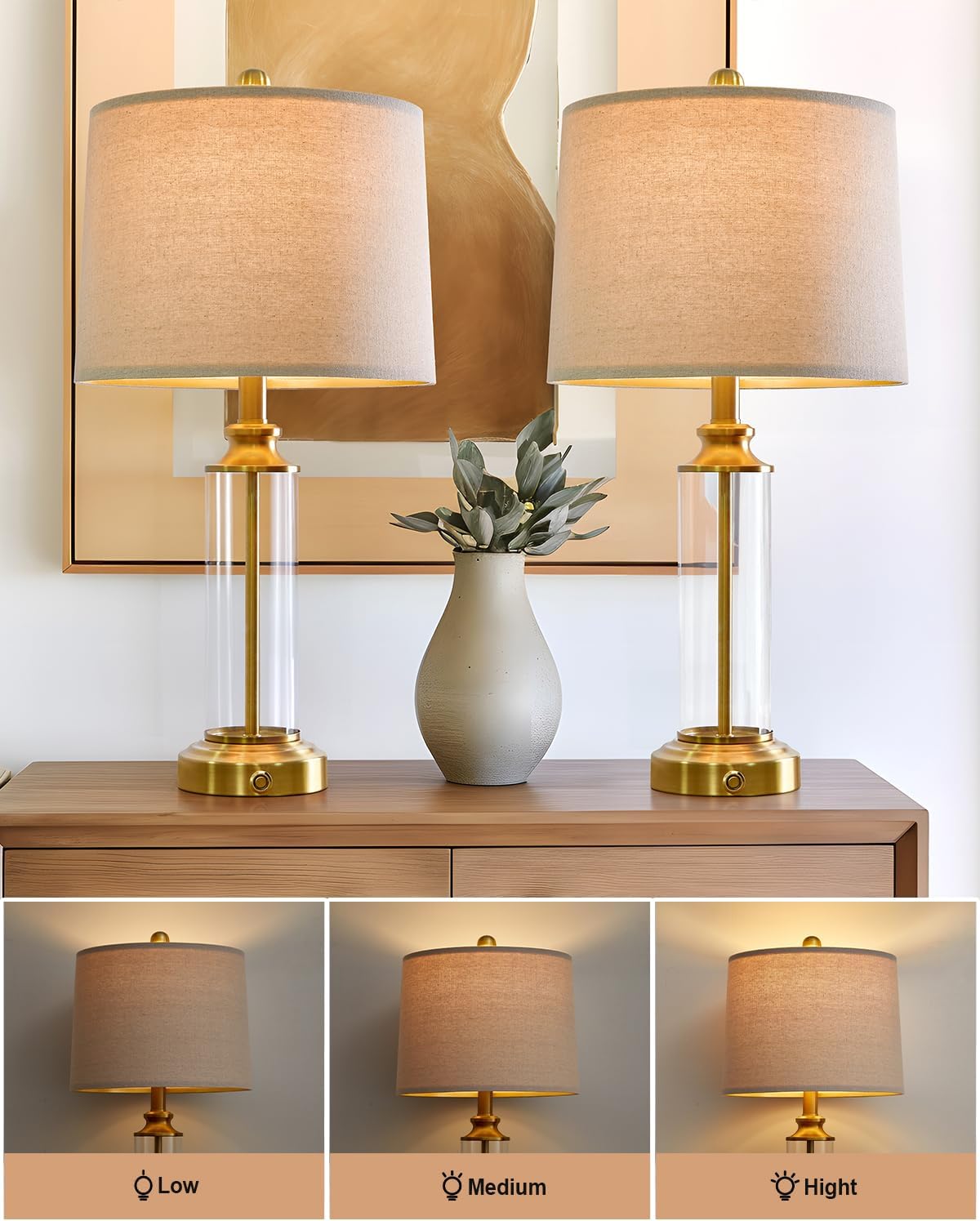 23.75" USB A+C 3-Way Dimmable Touch Control Table Lamp Set of 2，Glass Table Lamps With 1 USB Charging Port, Bedside Lamps for Living Room( include two bulbs)