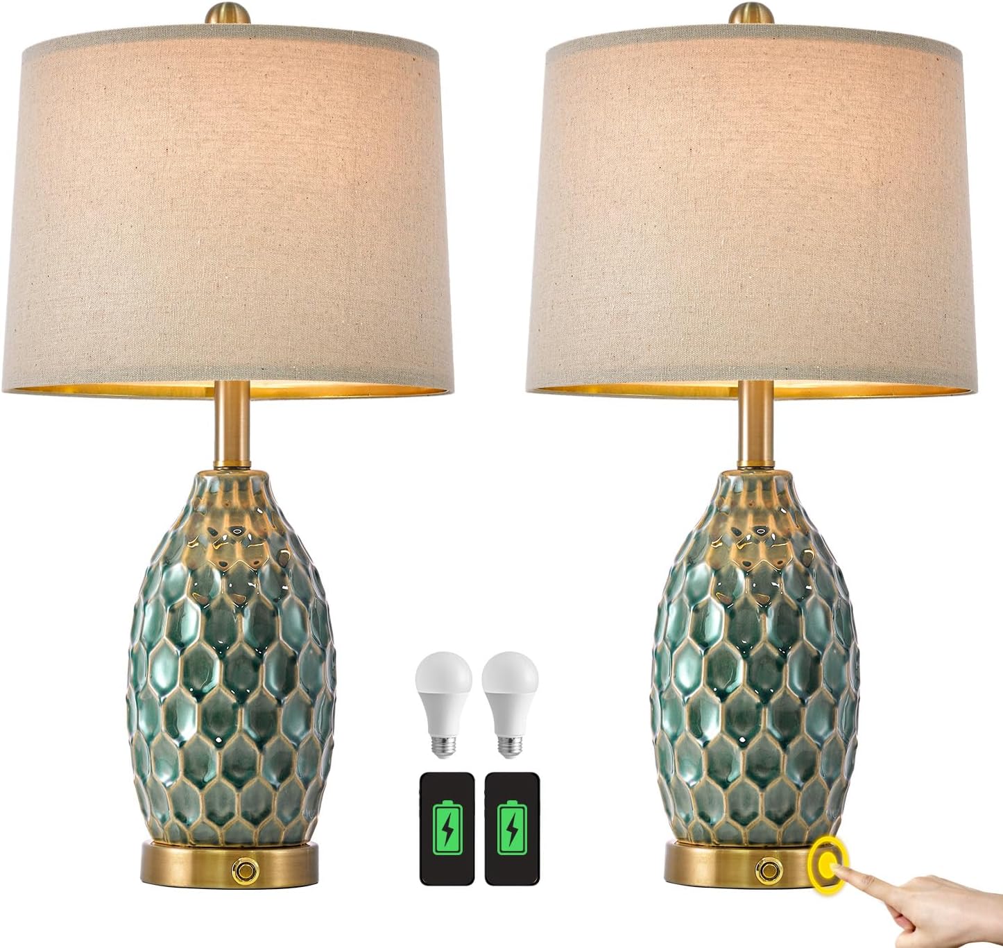 23.5" Modern Ceramic Table Lamp Set of 2 with 3-Way Touch Dimming & USB A+C Charging Ports – Ocean Blue Nightstand Bedside Lamps for Bedroom, Living Room, Office (2 Bulbs Included)