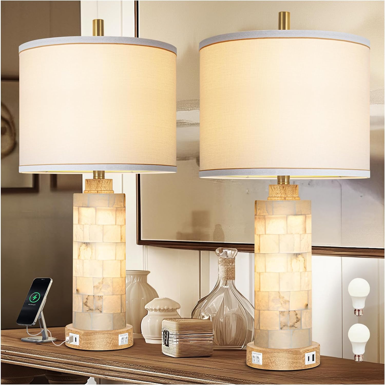 Natural Alabaster Nightstand Lamp Set of 2 with Night Light USB Ports Table Lamp with Linen Shade Bedside Lamp for Living Room Bedroom Home Office Hotel Bar House