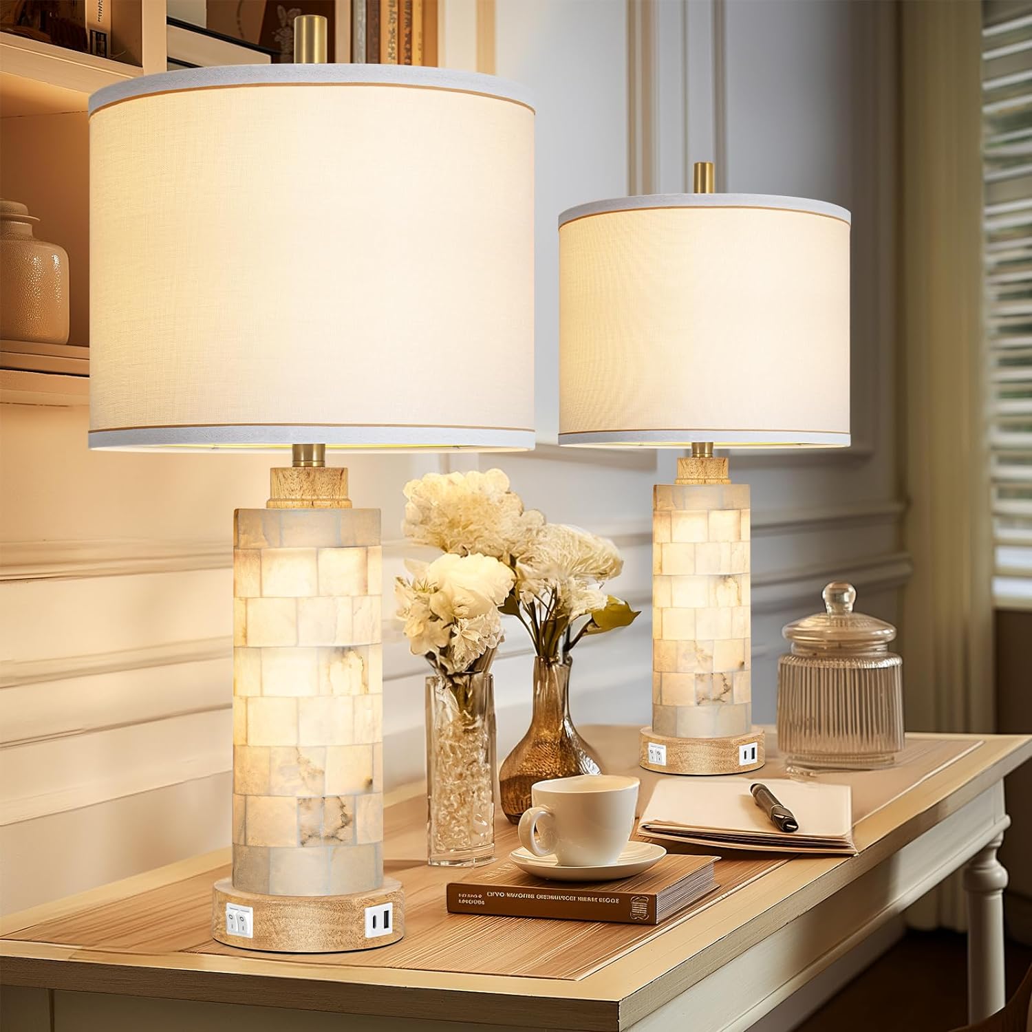Natural Alabaster Nightstand Lamp Set of 2 with Night Light USB Ports Table Lamp with Linen Shade Bedside Lamp for Living Room Bedroom Home Office Hotel Bar House