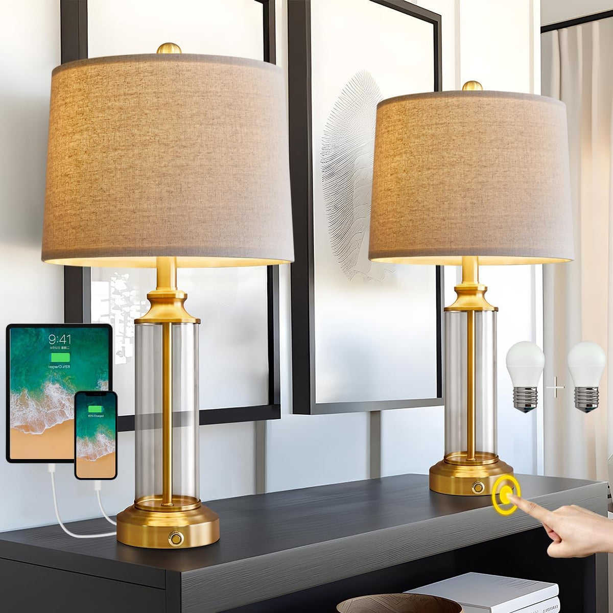 23.75" USB A+C 3-Way Dimmable Touch Control Table Lamp Set of 2，Glass Table Lamps With 1 USB Charging Port, Bedside Lamps for Living Room( include two bulbs)