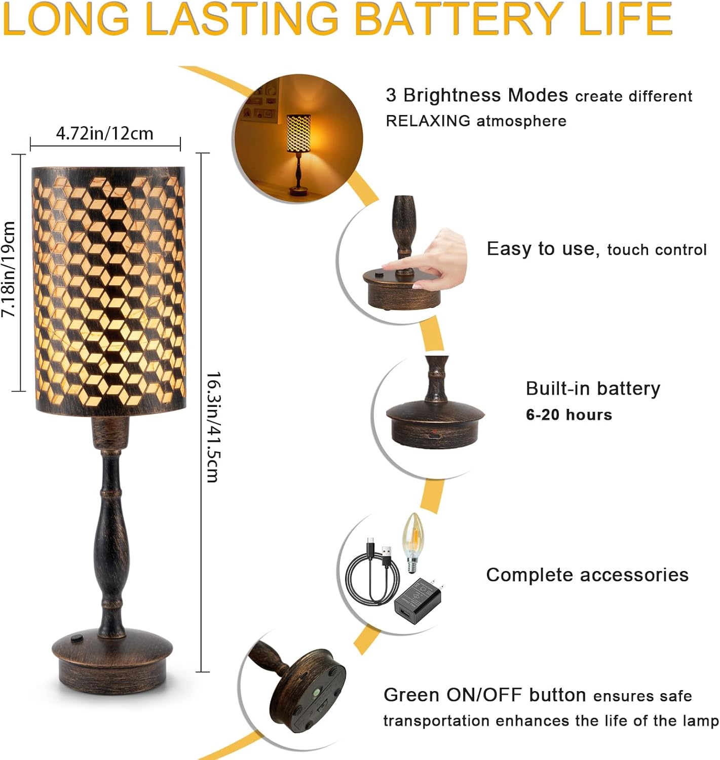 UMEXUS Cordless Table Lamp with Remote, Timer & Dimmer, RGB Small Rechargeable Battery Operated, Touch Bedside Night Lights, Antique Bronze Ambient Lighting, Patio Dining Side End Table Lamp