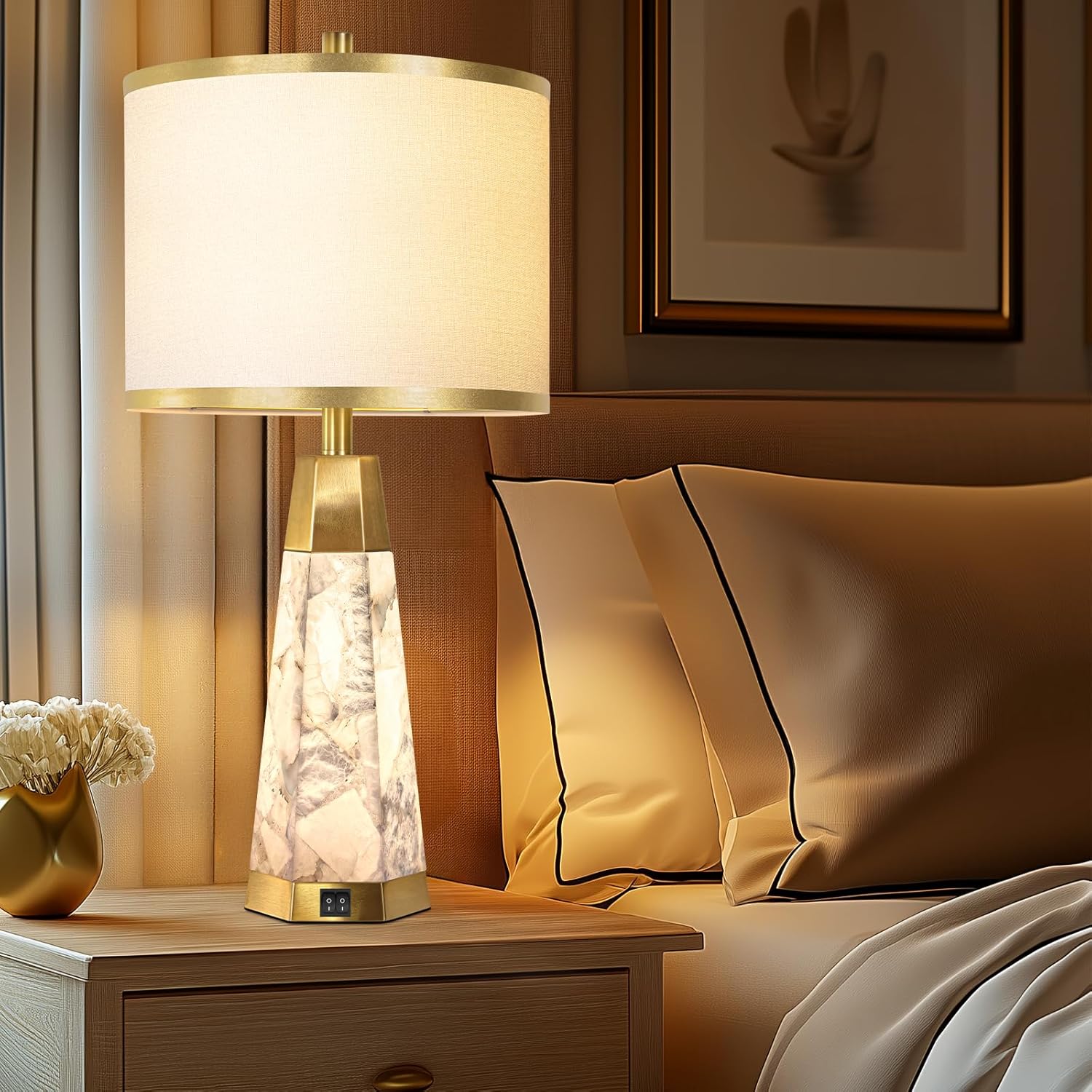Natural Alabaster Nightstand Lamp Set of 2 with Night Light USB Ports Table Lamp with Linen Shade Bedside Lamp for Living Room Bedroom Home Office Hotel Bar House