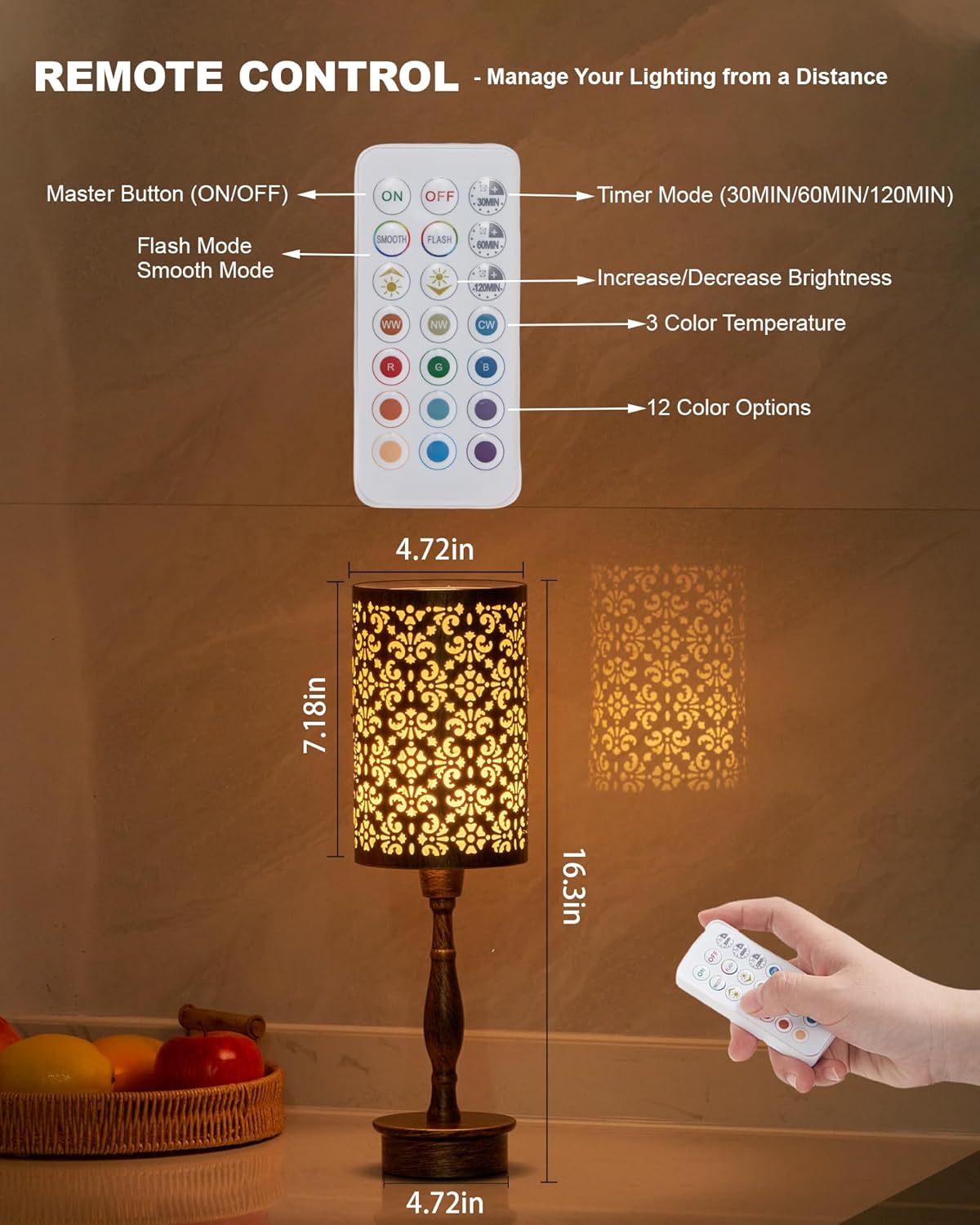 UMEXUS Cordless Table Lamp with Remote, Timer & Dimmer, RGB Small Rechargeable Battery Operated, Touch Bedside Night Lights, Antique Bronze Ambient Lighting, Patio Dining Side End Table Lamp