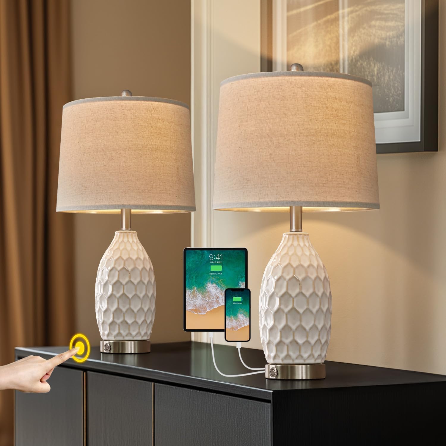 23.5" Modern Ceramic Table Lamp Set of 2 with 3-Way Touch Dimming & USB A+C Charging Ports – Ocean Blue Nightstand Bedside Lamps for Bedroom, Living Room, Office (2 Bulbs Included)