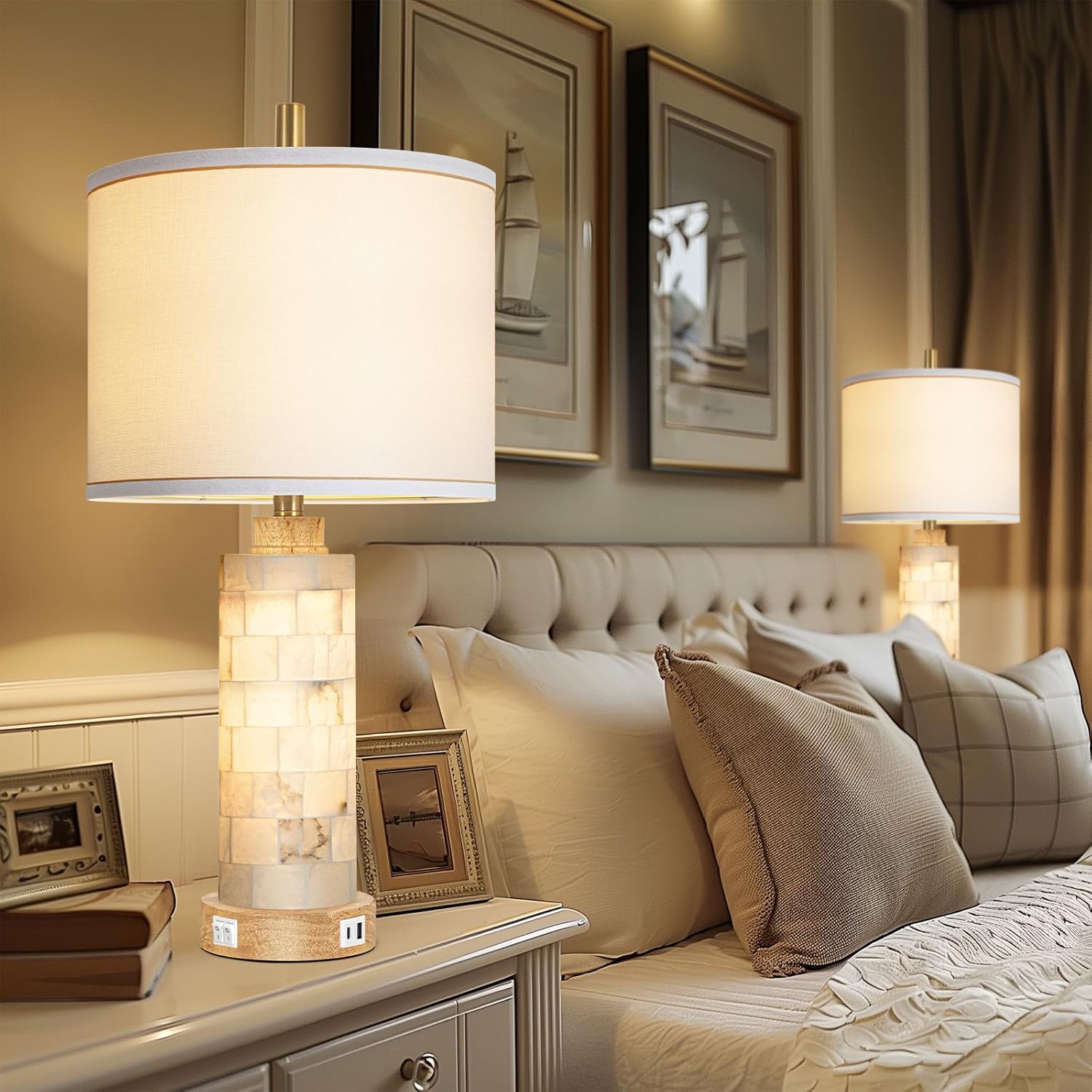 Natural Alabaster Nightstand Lamp Set of 2 with Night Light USB Ports Table Lamp with Linen Shade Bedside Lamp for Living Room Bedroom Home Office Hotel Bar House