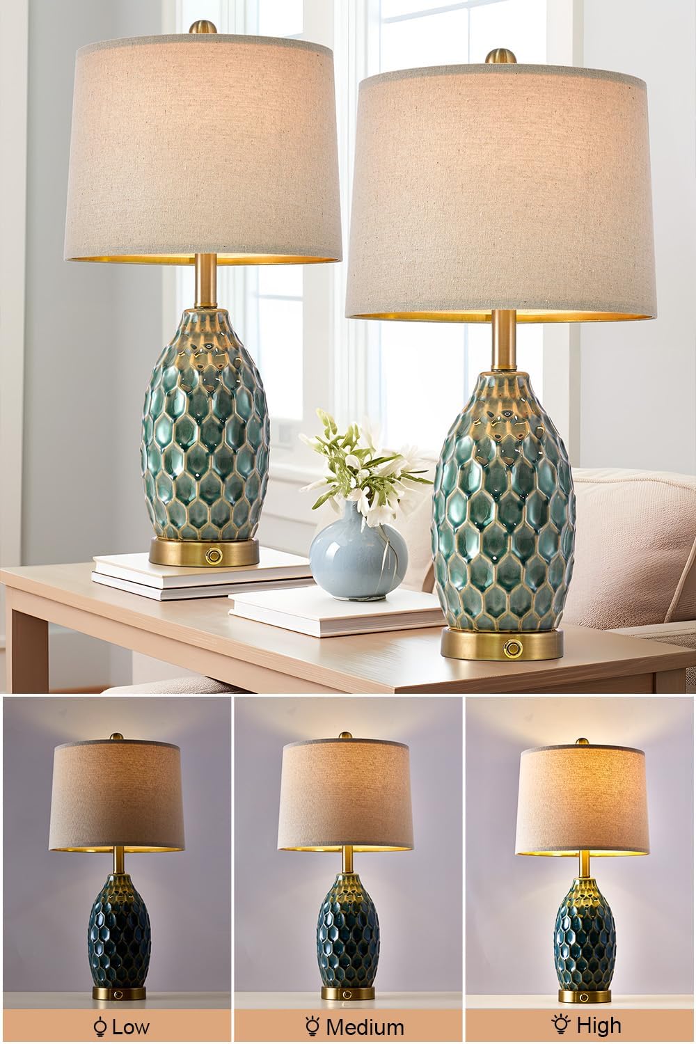 23.5" Modern Ceramic Table Lamp Set of 2 with 3-Way Touch Dimming & USB A+C Charging Ports – Ocean Blue Nightstand Bedside Lamps for Bedroom, Living Room, Office (2 Bulbs Included)
