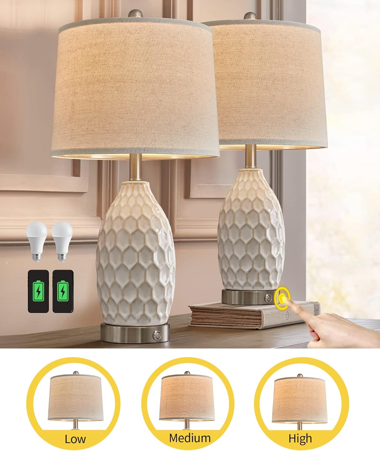 23.5" Modern Ceramic Table Lamp Set of 2 with 3-Way Touch Dimming & USB A+C Charging Ports – Ocean Blue Nightstand Bedside Lamps for Bedroom, Living Room, Office (2 Bulbs Included)