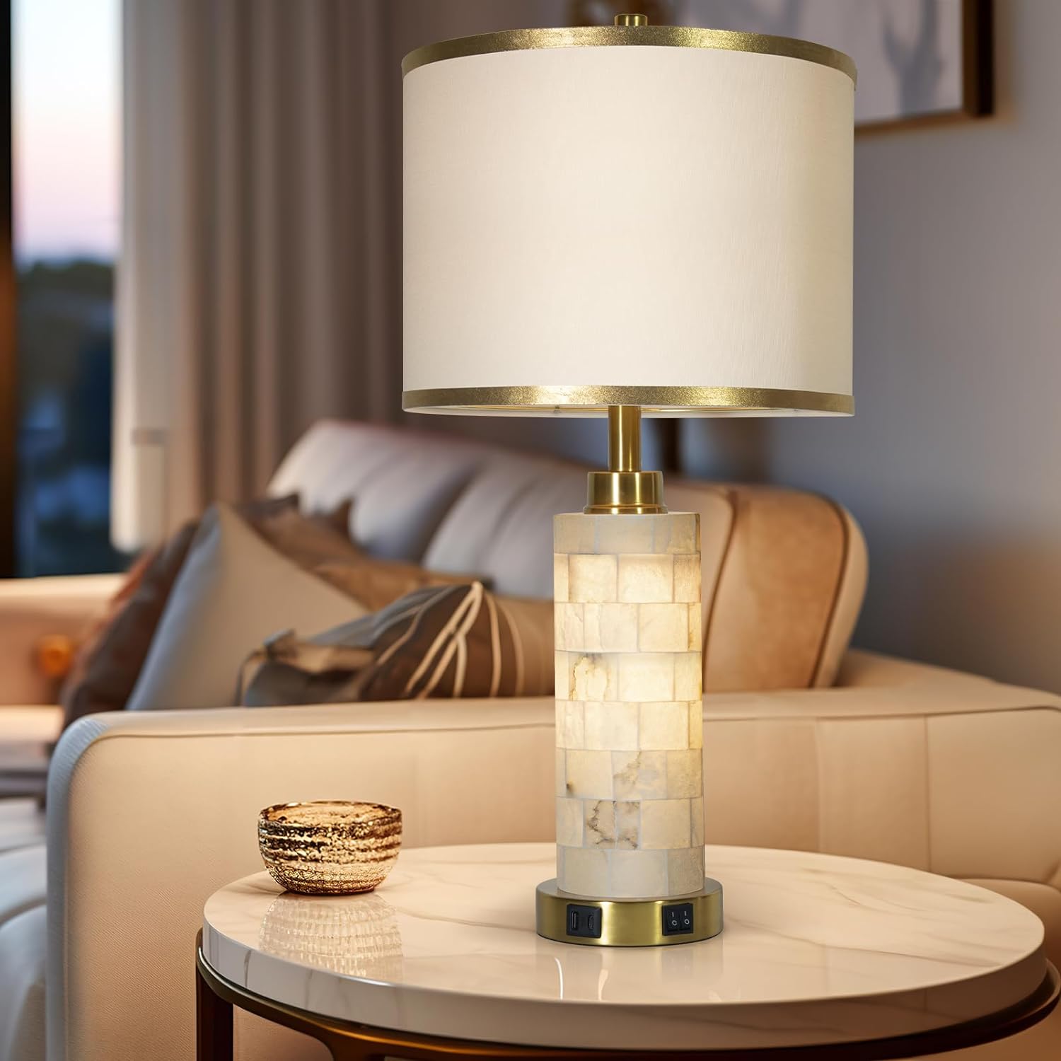 Natural Alabaster Nightstand Lamp Set of 2 with Night Light USB Ports Table Lamp with Linen Shade Bedside Lamp for Living Room Bedroom Home Office Hotel Bar House