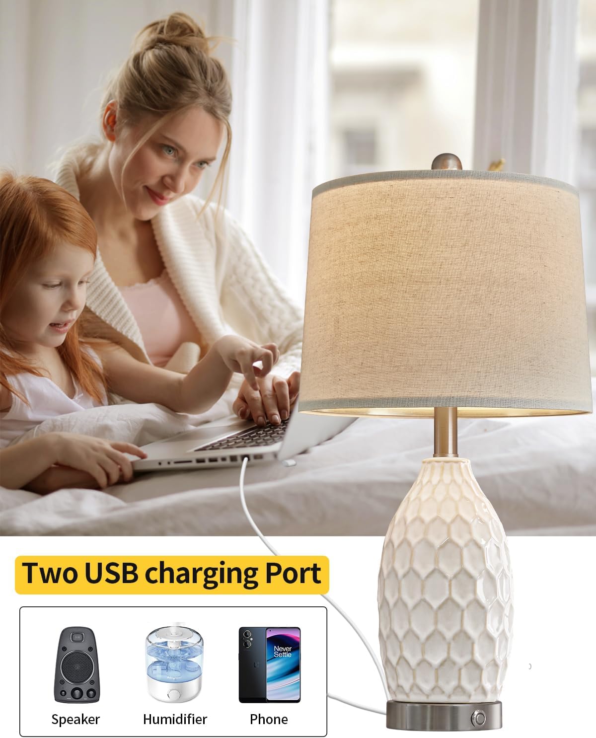 23.5" Modern Ceramic Table Lamp Set of 2 with 3-Way Touch Dimming & USB A+C Charging Ports – Ocean Blue Nightstand Bedside Lamps for Bedroom, Living Room, Office (2 Bulbs Included)
