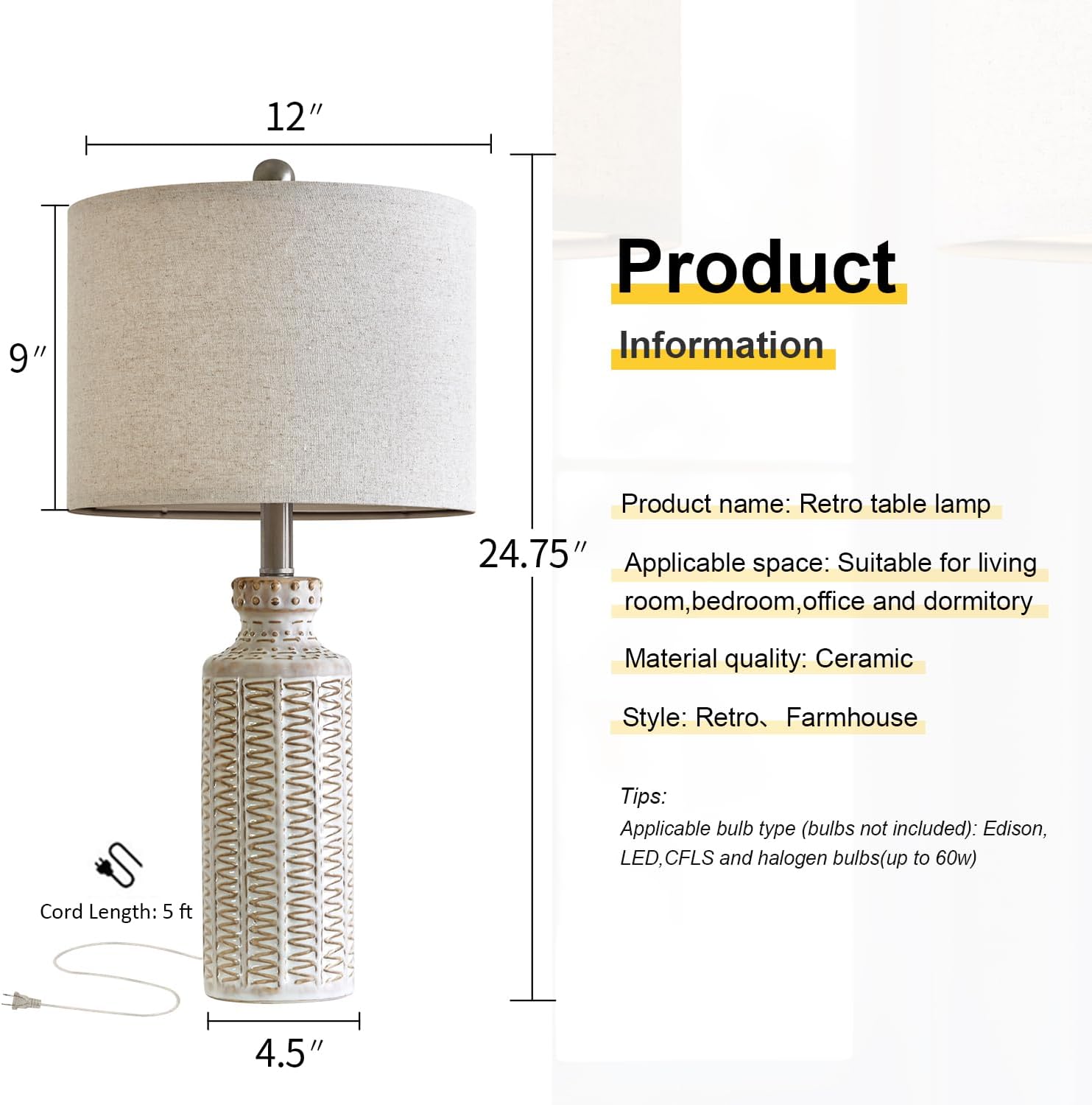 24.75'' Farmhouse Ceramic Table Lamp Set of 2 for Bedroom Living Room Vintage Traditional Rustic Modern White Nightstand Bedside Lamps