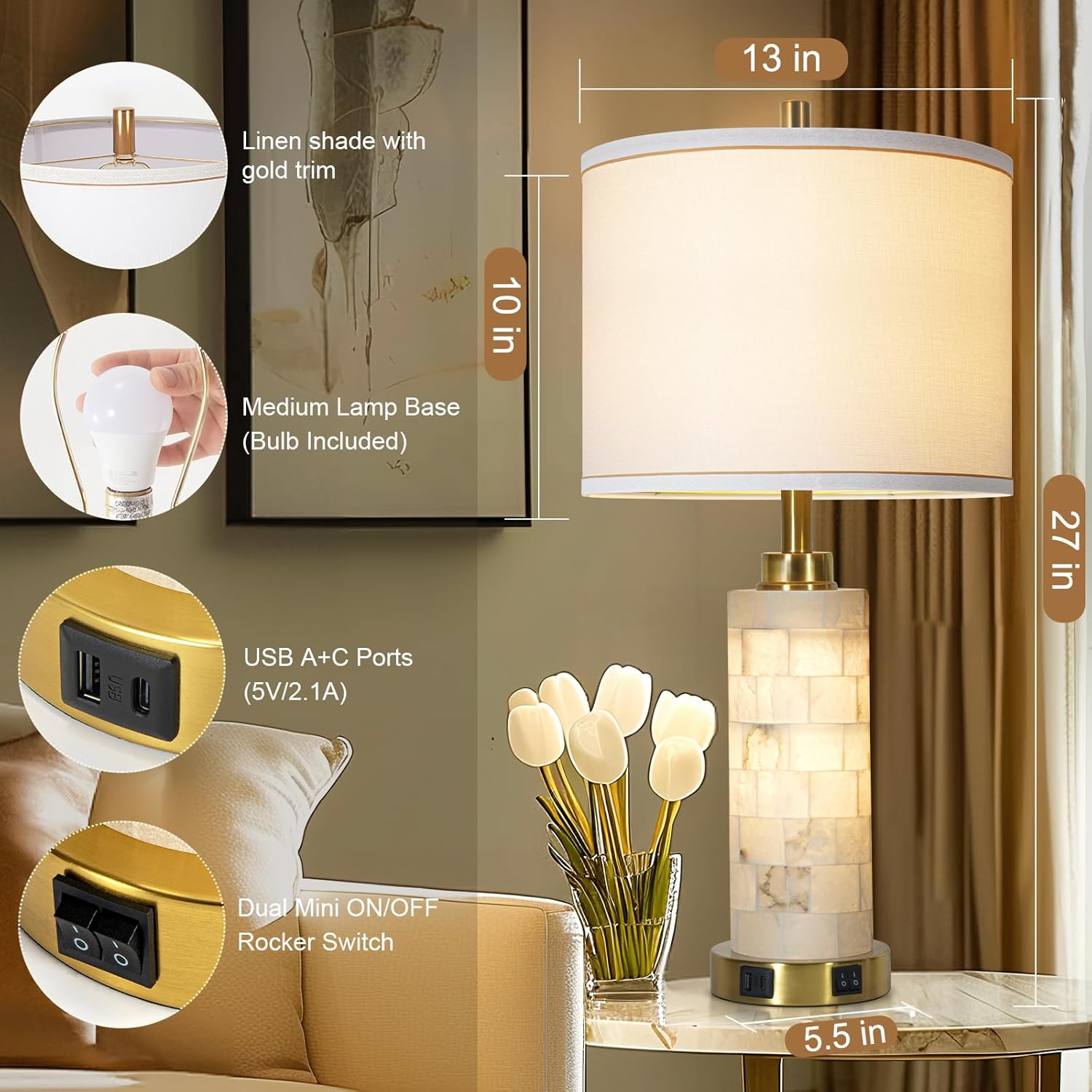 Natural Alabaster Nightstand Lamp Set of 2 with Night Light USB Ports Table Lamp with Linen Shade Bedside Lamp for Living Room Bedroom Home Office Hotel Bar House