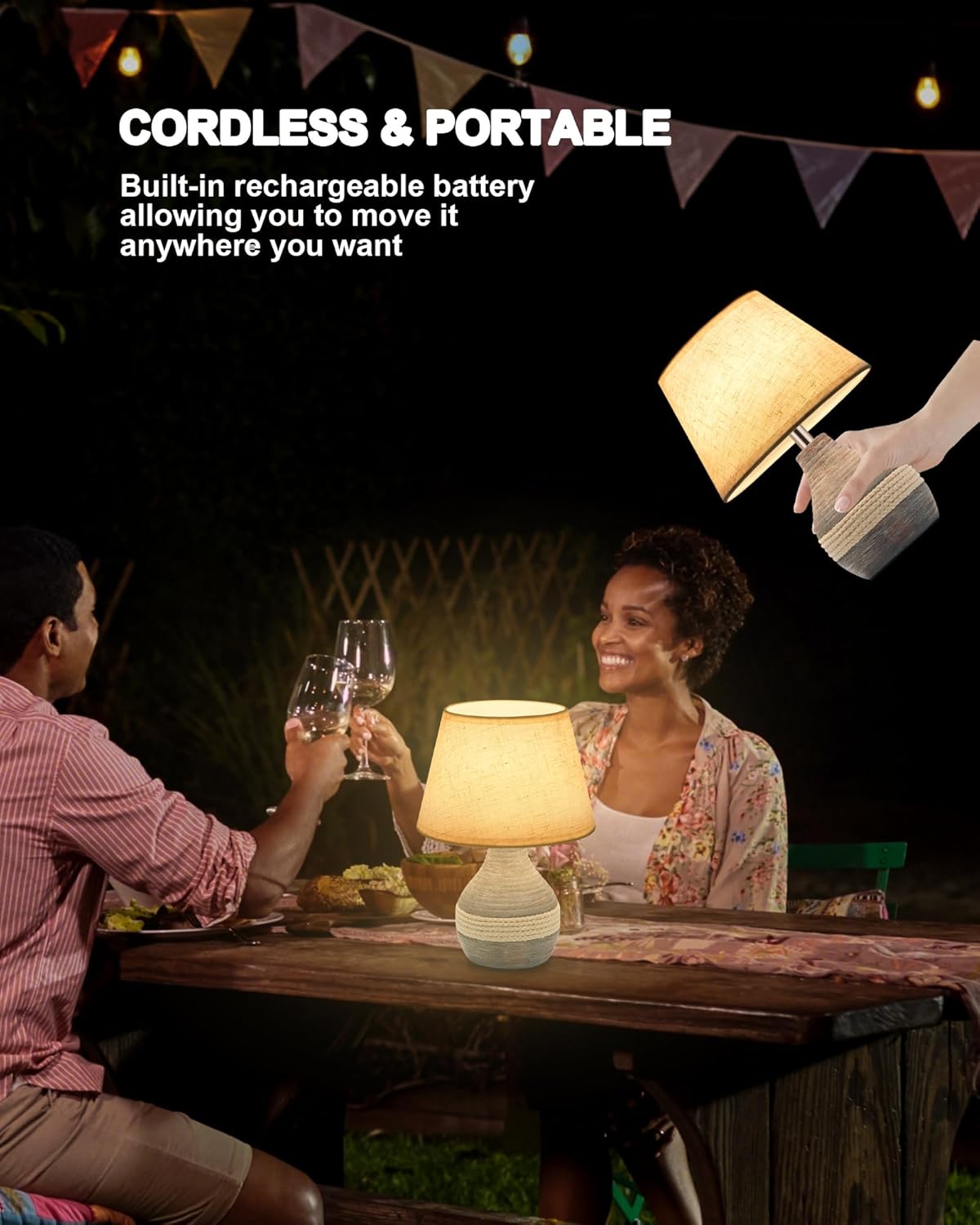 UMEXUS Ceramic Cordless Table Lamp with Timer, Dimmer, Linen Shade, Remote Control, Small Rechargeable Battery Light for Patio, Nightstand Lamp, Kitchen Counter Living Room Side Table, Bulb Included