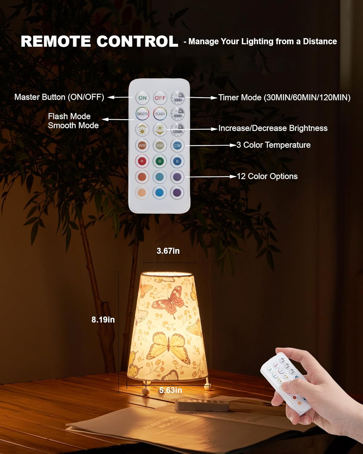UMEXUS Ceramic Cordless Table Lamp with Timer, Dimmer, Linen Shade, Remote Control, Small Rechargeable Battery Light for Patio, Nightstand Lamp, Kitchen Counter Living Room Side Table, Bulb Included
