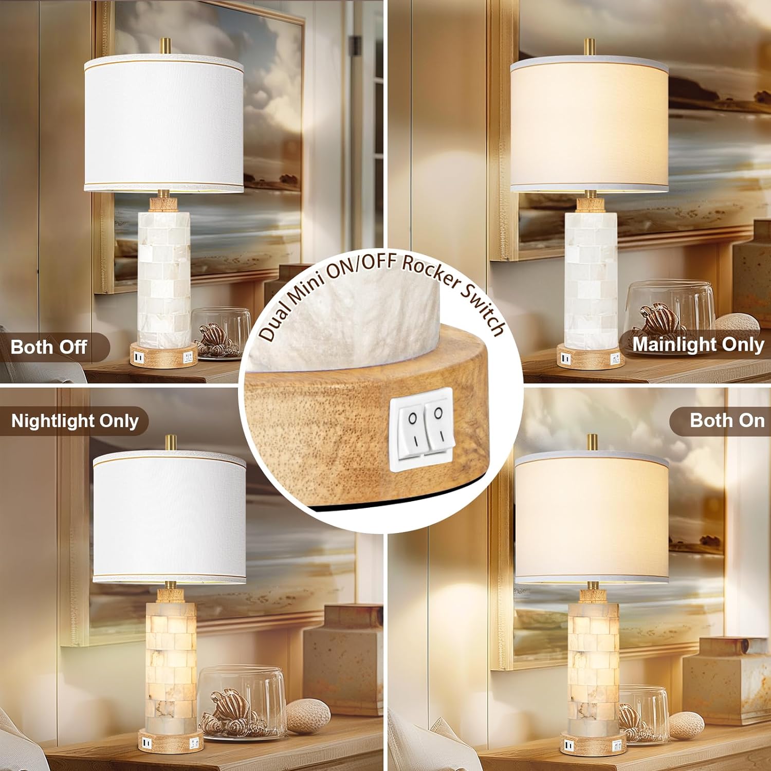 Natural Alabaster Nightstand Lamp Set of 2 with Night Light USB Ports Table Lamp with Linen Shade Bedside Lamp for Living Room Bedroom Home Office Hotel Bar House