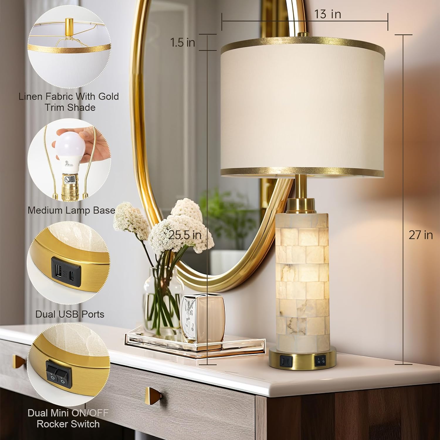 Natural Alabaster Nightstand Lamp Set of 2 with Night Light USB Ports Table Lamp with Linen Shade Bedside Lamp for Living Room Bedroom Home Office Hotel Bar House