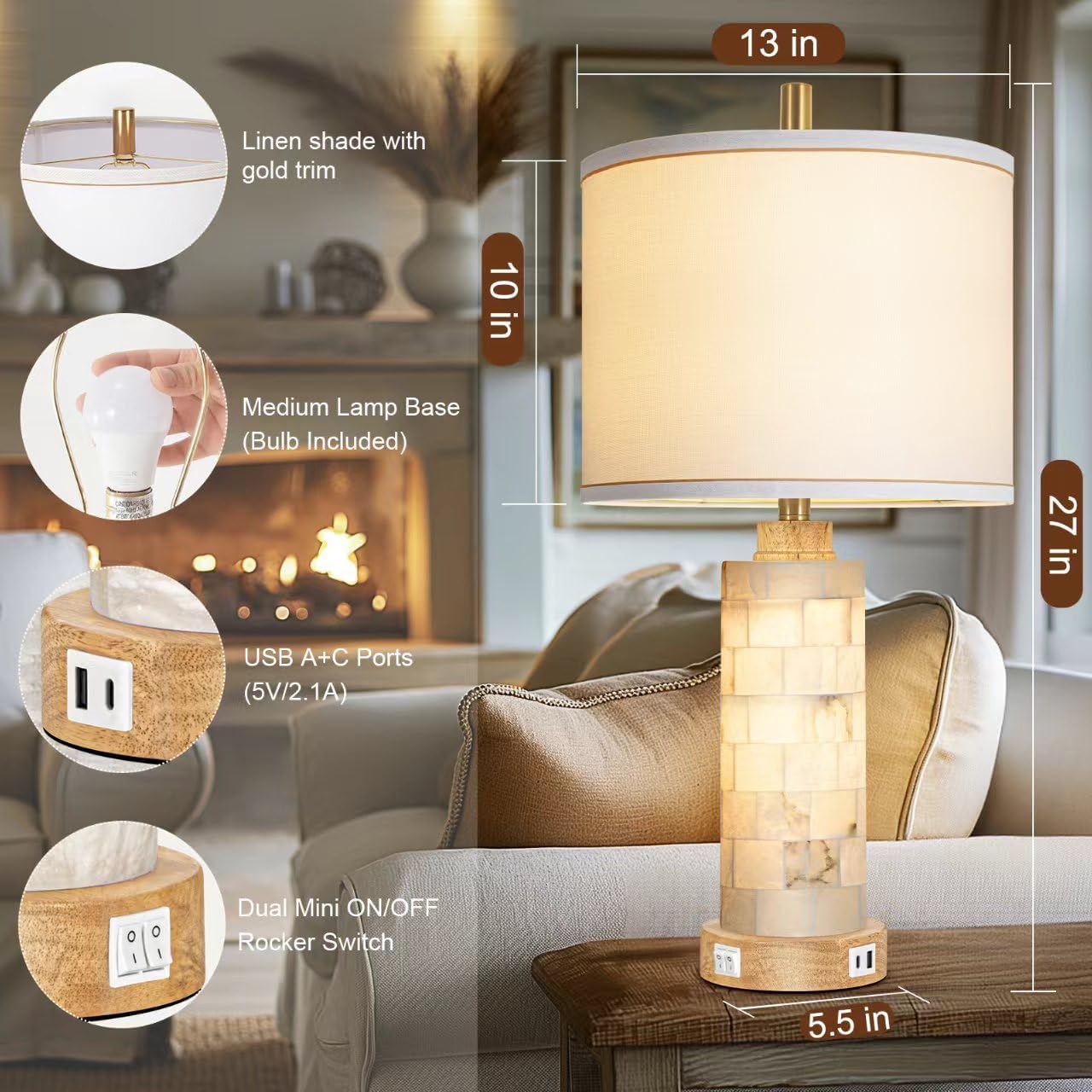 Natural Alabaster Nightstand Lamp Set of 2 with Night Light USB Ports Table Lamp with Linen Shade Bedside Lamp for Living Room Bedroom Home Office Hotel Bar House