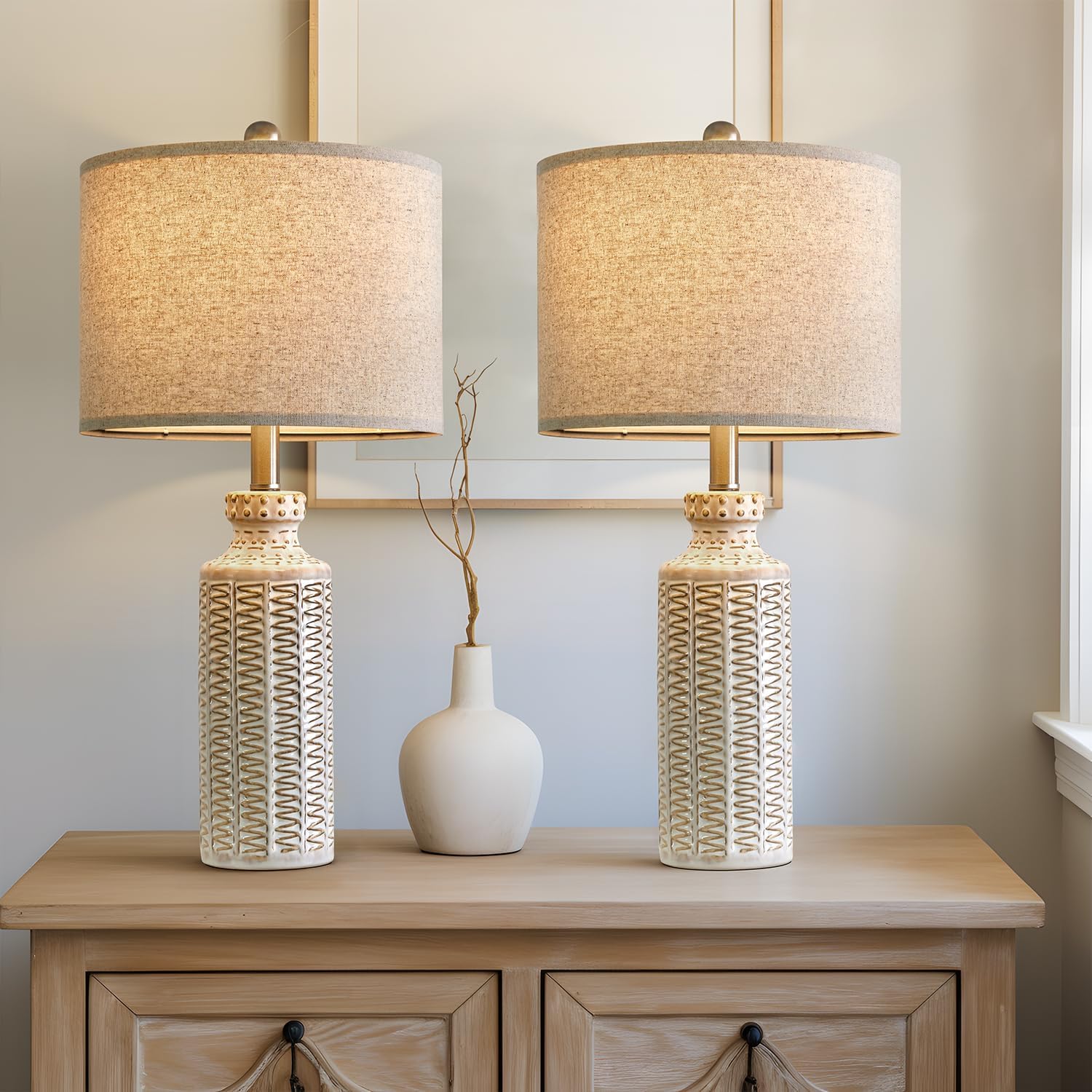 24.75'' Farmhouse Ceramic Table Lamp Set of 2 for Bedroom Living Room Vintage Traditional Rustic Modern White Nightstand Bedside Lamps