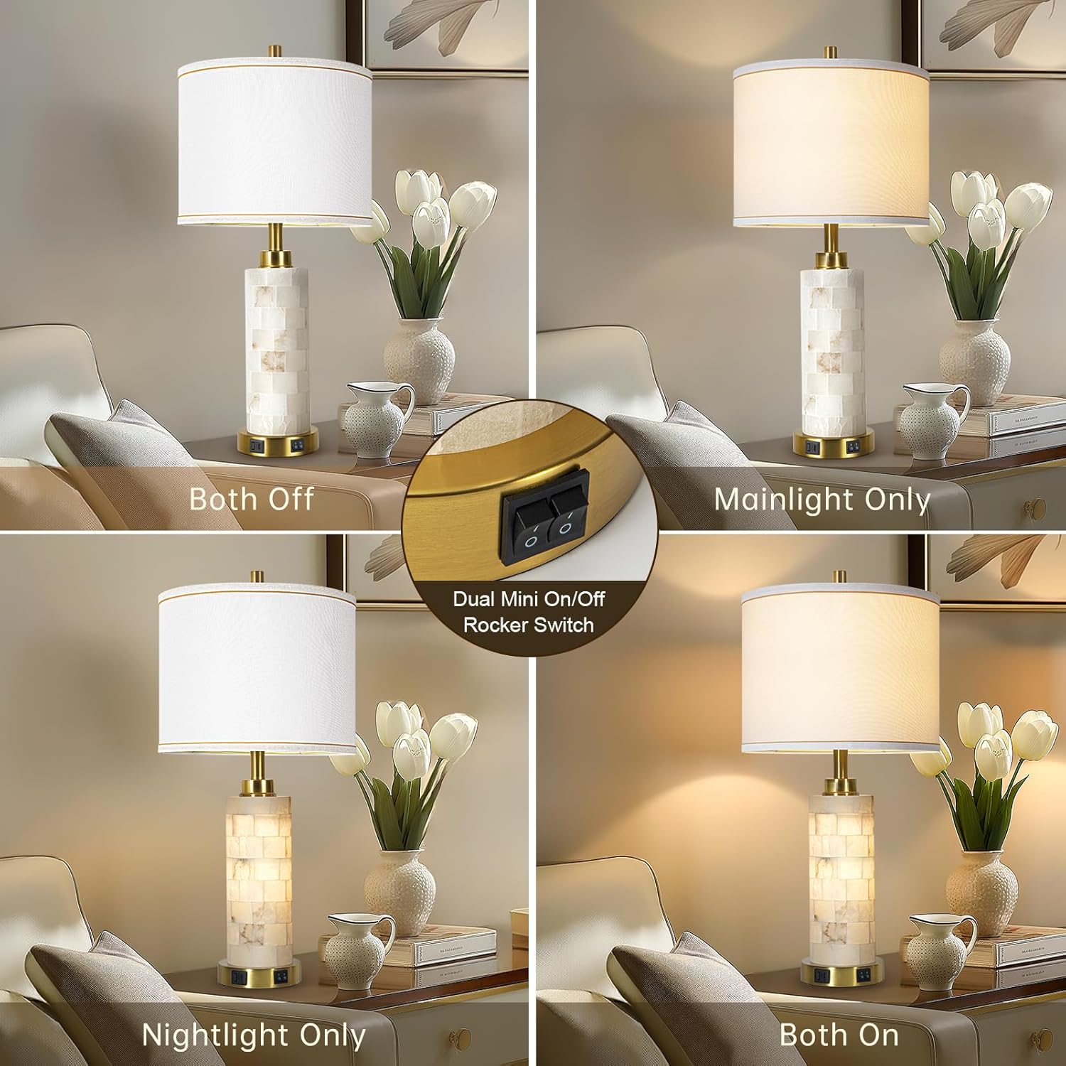Natural Alabaster Nightstand Lamp Set of 2 with Night Light USB Ports Table Lamp with Linen Shade Bedside Lamp for Living Room Bedroom Home Office Hotel Bar House