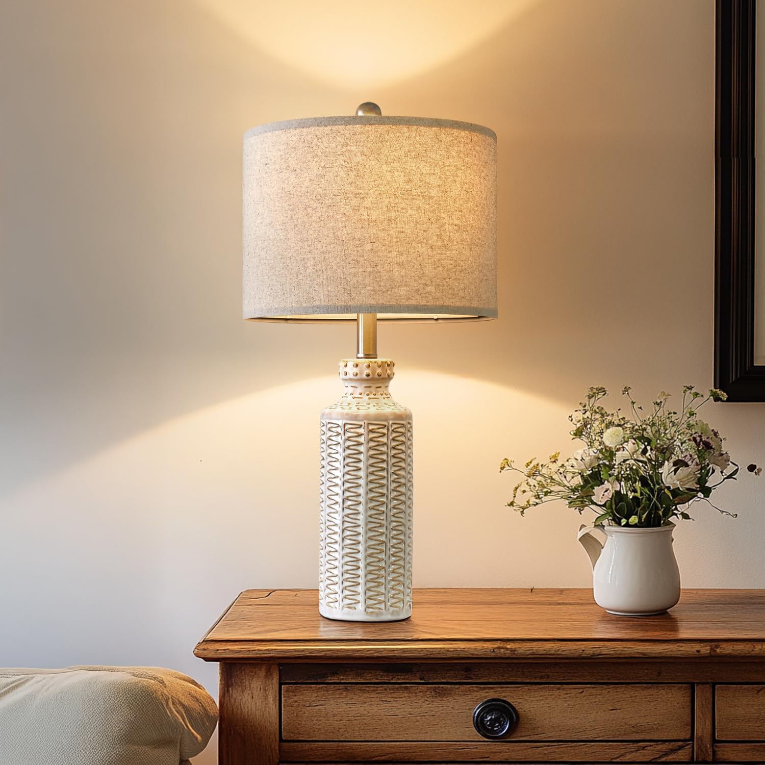 24.75'' Farmhouse Ceramic Table Lamp Set of 2 for Bedroom Living Room Vintage Traditional Rustic Modern White Nightstand Bedside Lamps