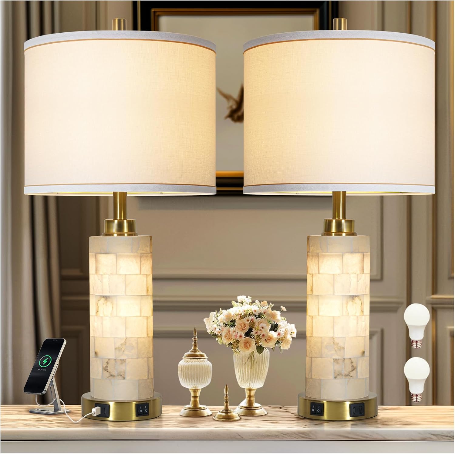 Natural Alabaster Nightstand Lamp Set of 2 with Night Light USB Ports Table Lamp with Linen Shade Bedside Lamp for Living Room Bedroom Home Office Hotel Bar House