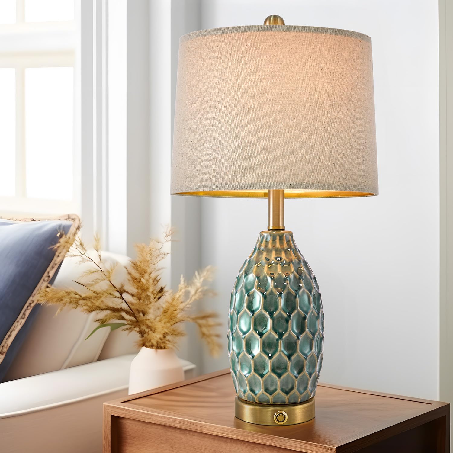 23.5" Modern Ceramic Table Lamp Set of 2 with 3-Way Touch Dimming & USB A+C Charging Ports – Ocean Blue Nightstand Bedside Lamps for Bedroom, Living Room, Office (2 Bulbs Included)