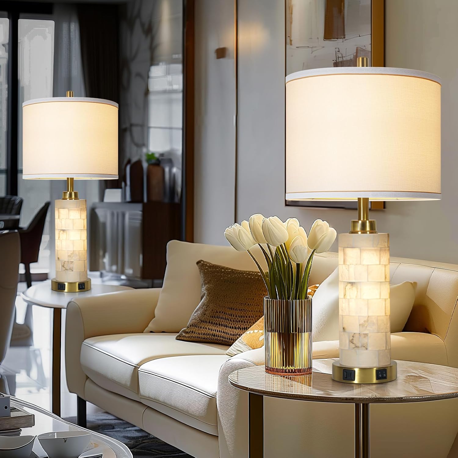 Natural Alabaster Nightstand Lamp Set of 2 with Night Light USB Ports Table Lamp with Linen Shade Bedside Lamp for Living Room Bedroom Home Office Hotel Bar House