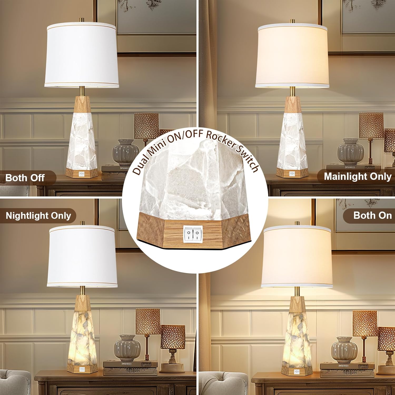 Natural Alabaster Nightstand Lamp Set of 2 with Night Light USB Ports Table Lamp with Linen Shade Bedside Lamp for Living Room Bedroom Home Office Hotel Bar House