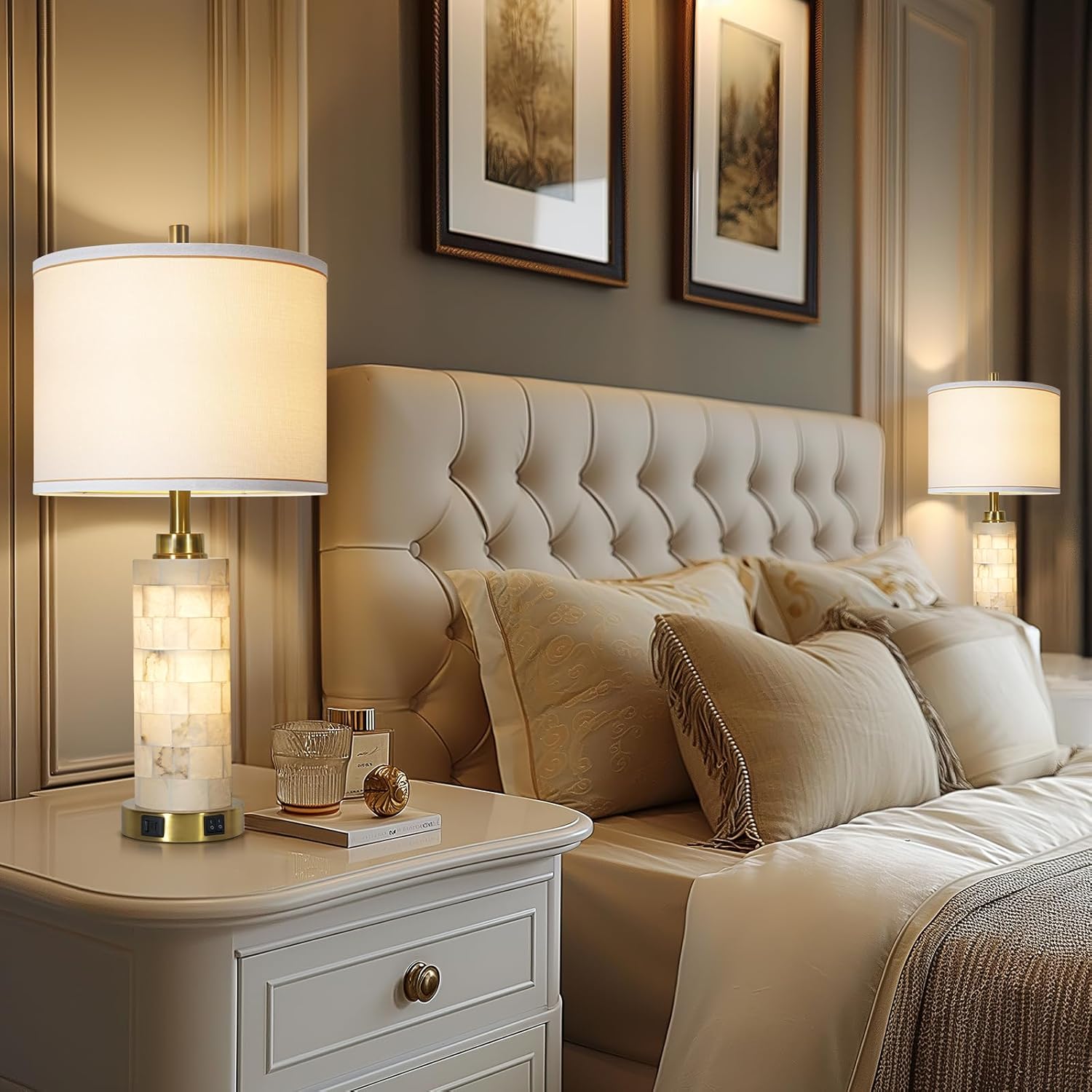 Natural Alabaster Nightstand Lamp Set of 2 with Night Light USB Ports Table Lamp with Linen Shade Bedside Lamp for Living Room Bedroom Home Office Hotel Bar House