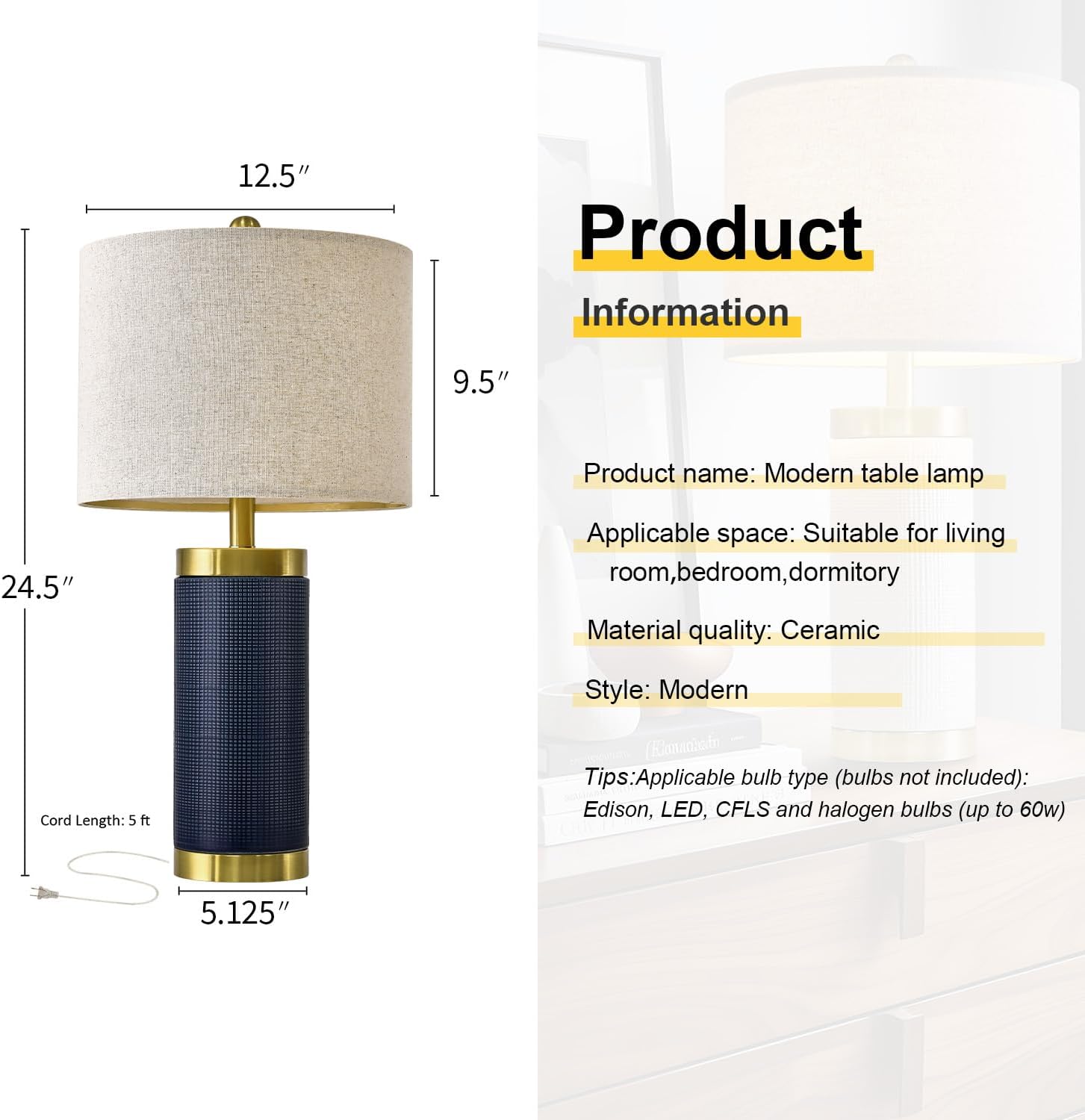 24.5 inches Modern Ceramic Bedside Lamp Set of 2 for Bedroom Decor Farmhouse Table Lamp for Living Room Office Dorm