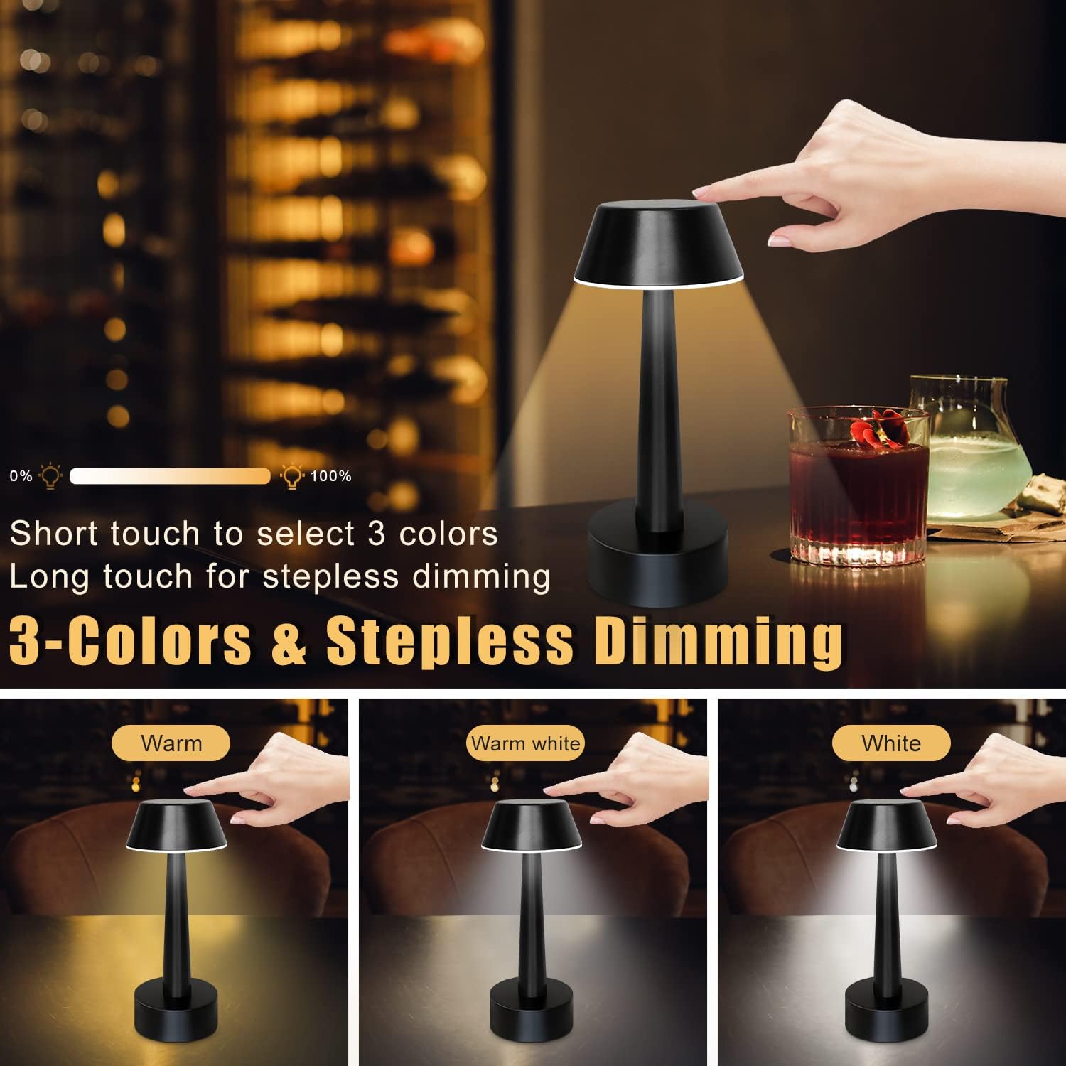 UMEXUS Cordless Small Table Lamp for Bar Restaurant, Rechargeable Battery Operated Touch Lamps, Gold 3-Way Dimmable Metal Portable Bedside Mini Night Light for Outdoor, Home Decor