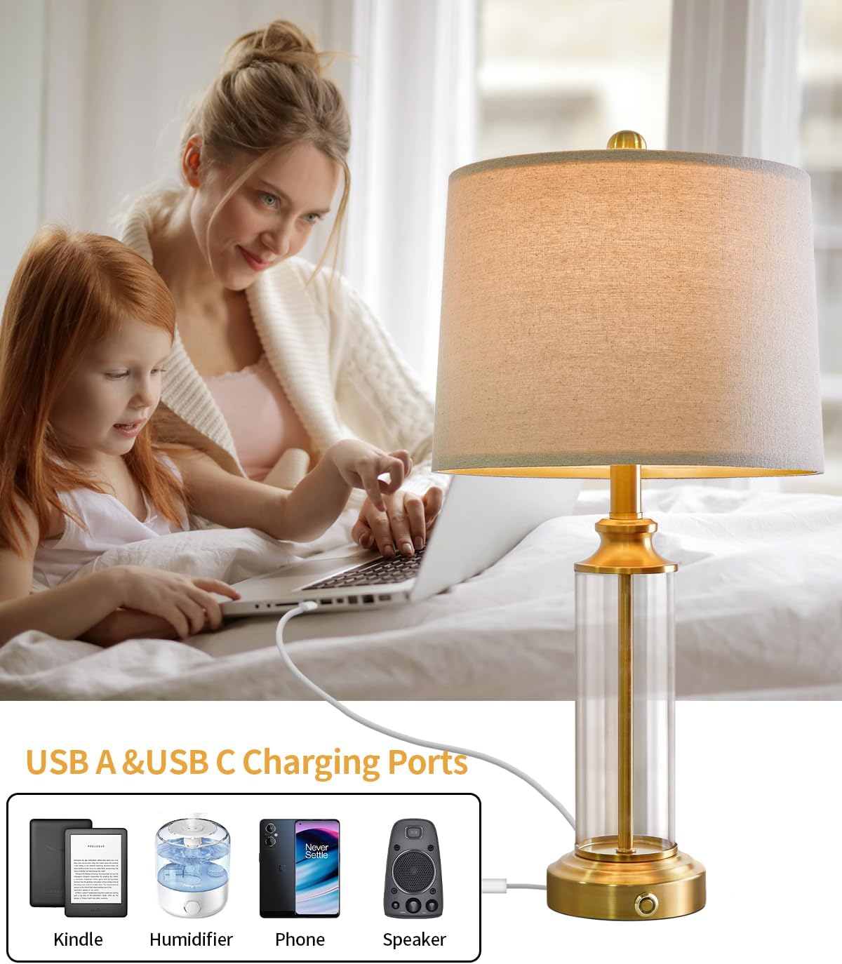 23.75" USB A+C 3-Way Dimmable Touch Control Table Lamp Set of 2，Glass Table Lamps With 1 USB Charging Port, Bedside Lamps for Living Room( include two bulbs)