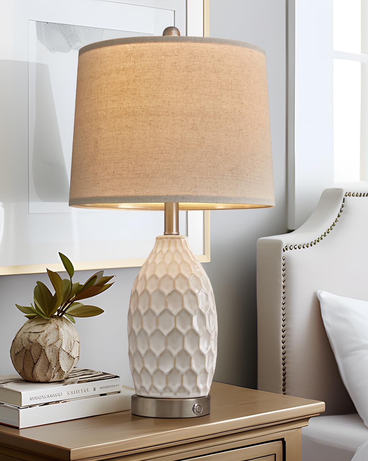 23.5" Modern Ceramic Table Lamp Set of 2 with 3-Way Touch Dimming & USB A+C Charging Ports – Ocean Blue Nightstand Bedside Lamps for Bedroom, Living Room, Office (2 Bulbs Included)