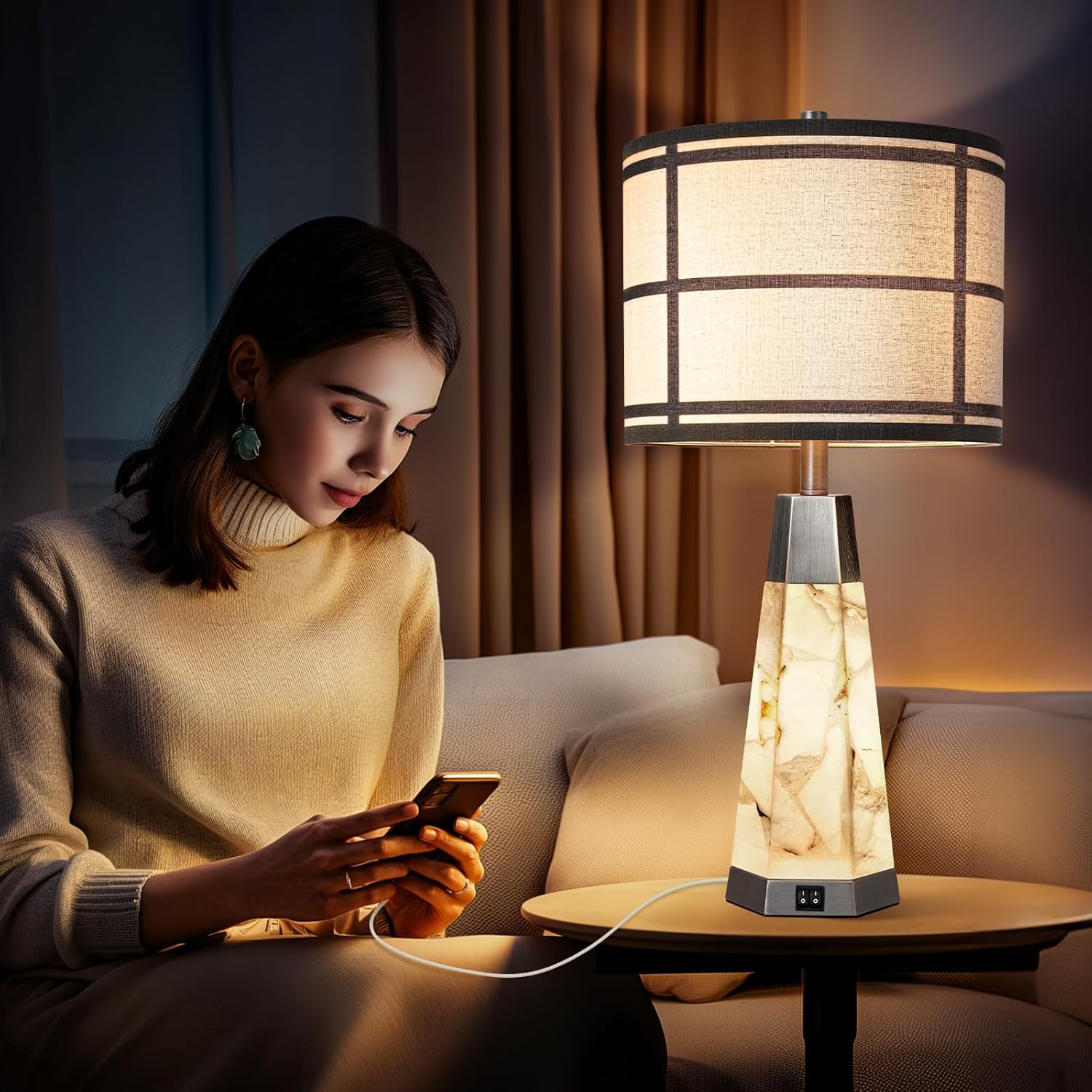 Natural Alabaster Nightstand Lamp Set of 2 with Night Light USB Ports Table Lamp with Linen Shade Bedside Lamp for Living Room Bedroom Home Office Hotel Bar House