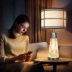 Natural Alabaster Nightstand Lamp Set of 2 with Night Light USB Ports Table Lamp with Linen Shade Bedside Lamp for Living Room Bedroom Home Office Hotel Bar House