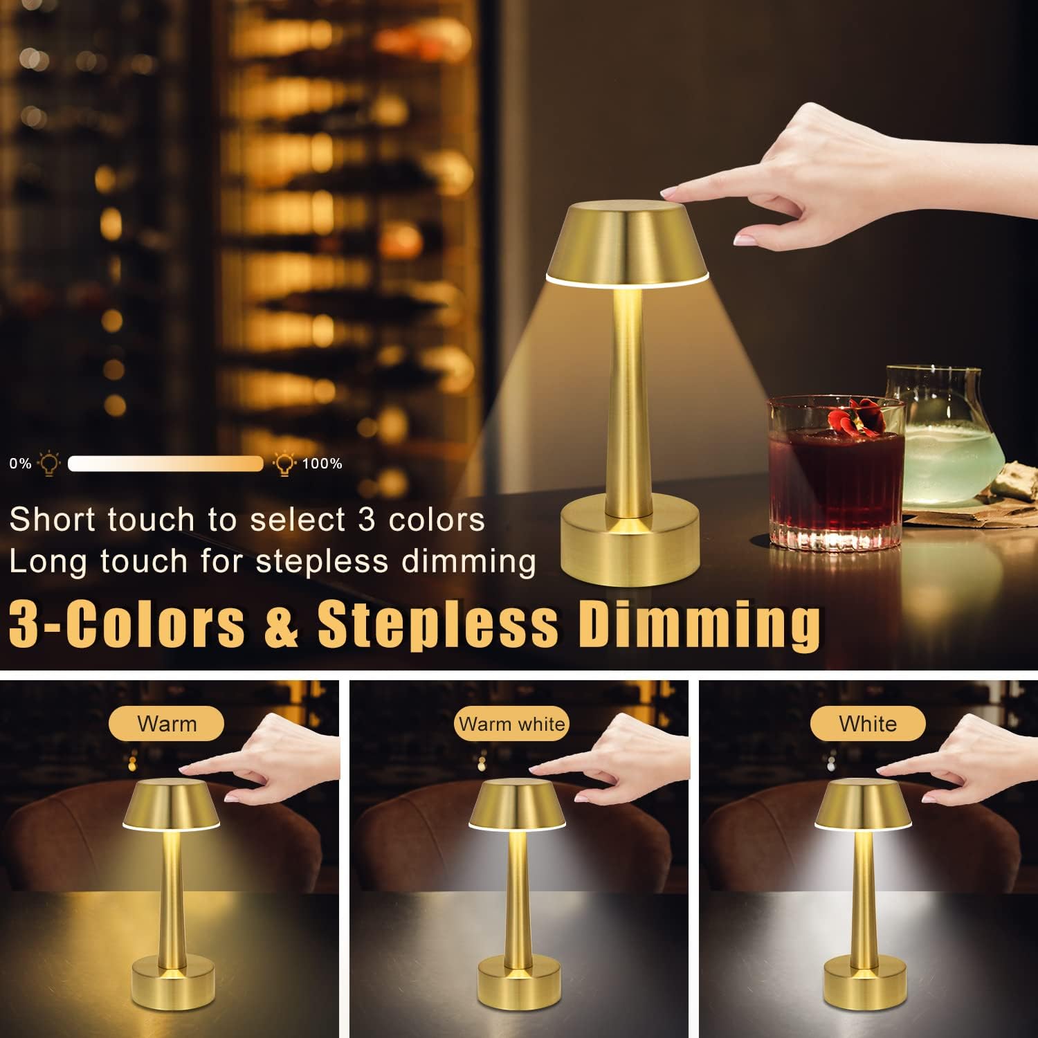 UMEXUS Cordless Small Table Lamp for Bar Restaurant, Rechargeable Battery Operated Touch Lamps, Gold 3-Way Dimmable Metal Portable Bedside Mini Night Light for Outdoor, Home Decor