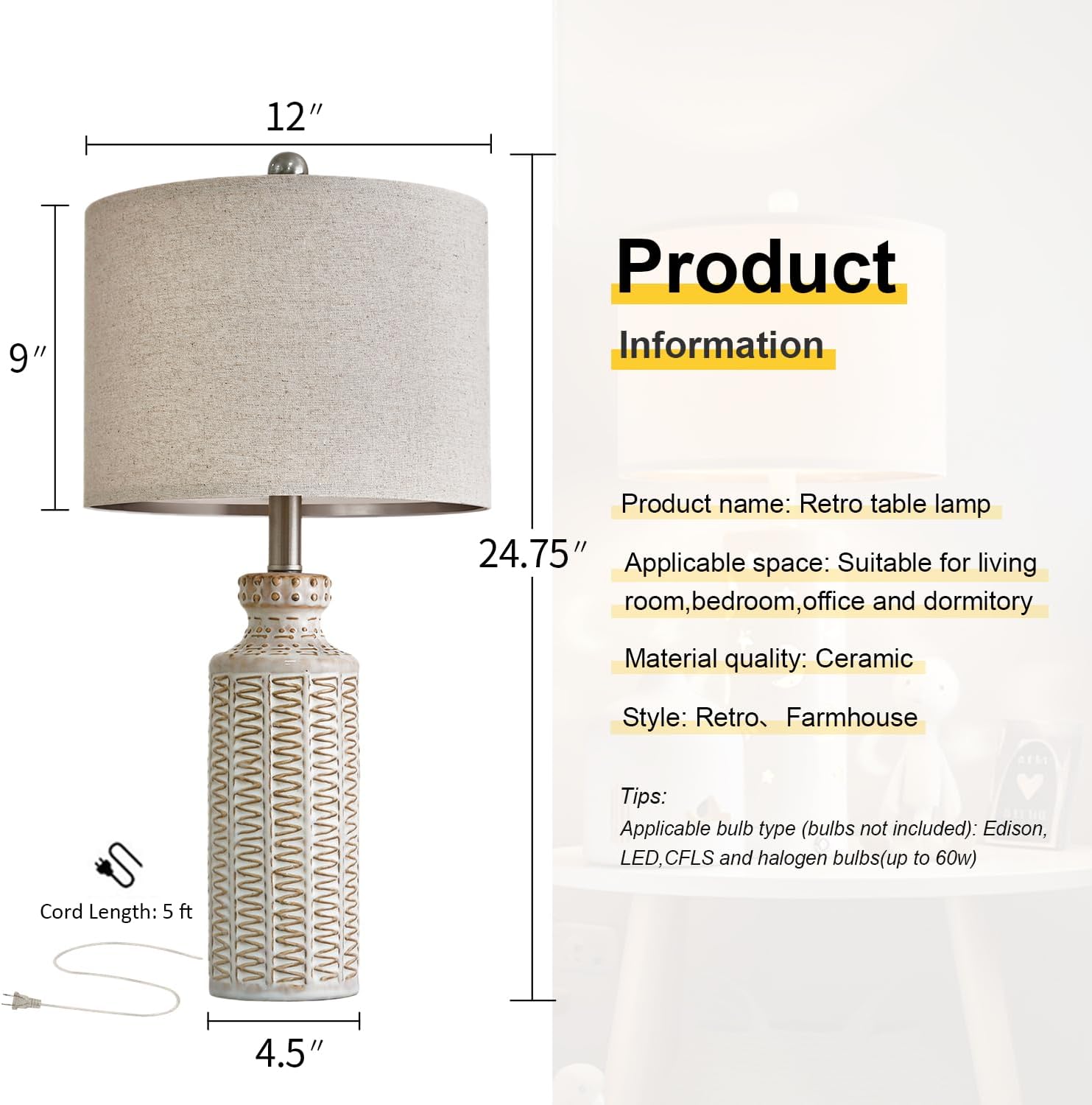 24.75'' Farmhouse Ceramic Table Lamp Set of 2 for Bedroom Living Room Vintage Traditional Rustic Modern White Nightstand Bedside Lamps