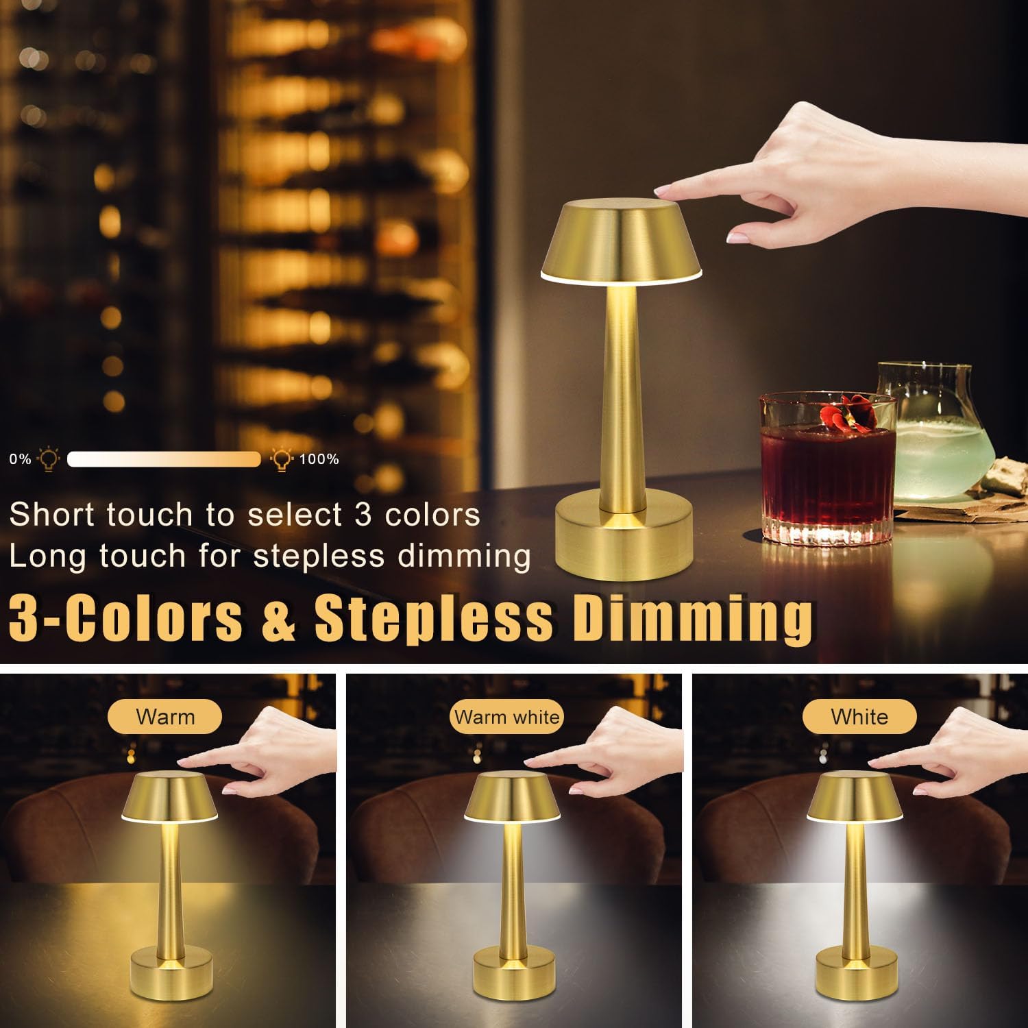 UMEXUS Cordless Small Table Lamp for Bar Restaurant, Rechargeable Battery Operated Touch Lamps, Gold 3-Way Dimmable Metal Portable Bedside Mini Night Light for Outdoor, Home Decor
