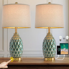 23.5" Modern Ceramic Table Lamp Set of 2 with 3-Way Touch Dimming & USB A+C Charging Ports – Ocean Blue Nightstand Bedside Lamps for Bedroom, Living Room, Office (2 Bulbs Included)