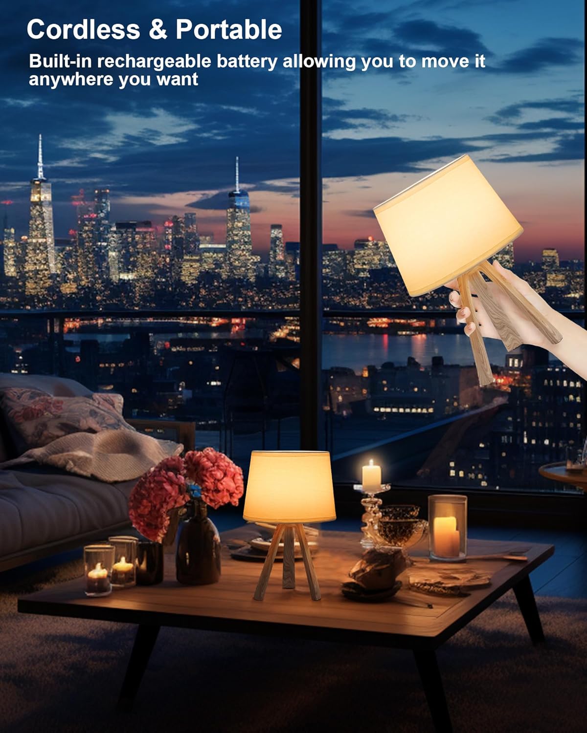 UMEXUS Ceramic Cordless Table Lamp with Timer, Dimmer, Linen Shade, Remote Control, Small Rechargeable Battery Light for Patio, Nightstand Lamp, Kitchen Counter Living Room Side Table, Bulb Included