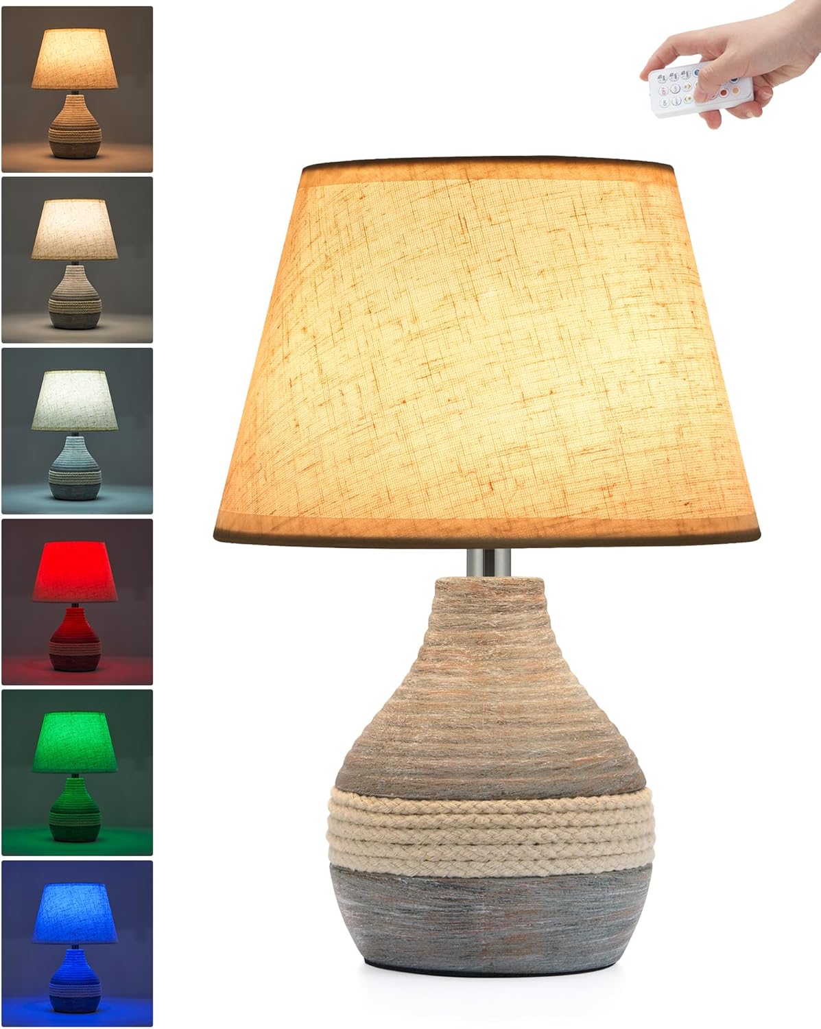 UMEXUS Ceramic Cordless Table Lamp with Timer, Dimmer, Linen Shade, Remote Control, Small Rechargeable Battery Light for Patio, Nightstand Lamp, Kitchen Counter Living Room Side Table, Bulb Included